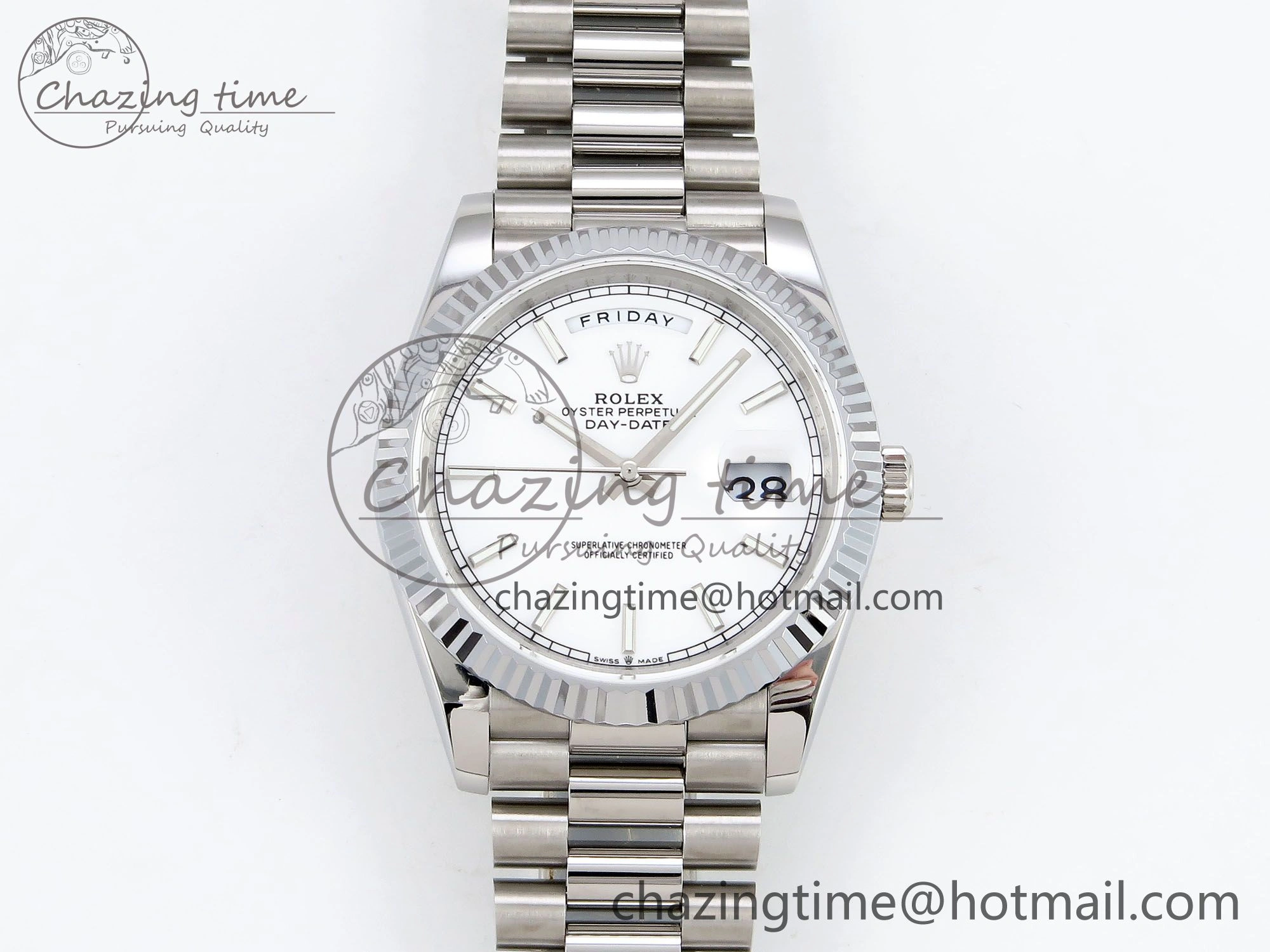 DayDate 40 SS JDF 904L Steel White Stick Dial on President Bracelet VR3255 V3 (Gain Weight)