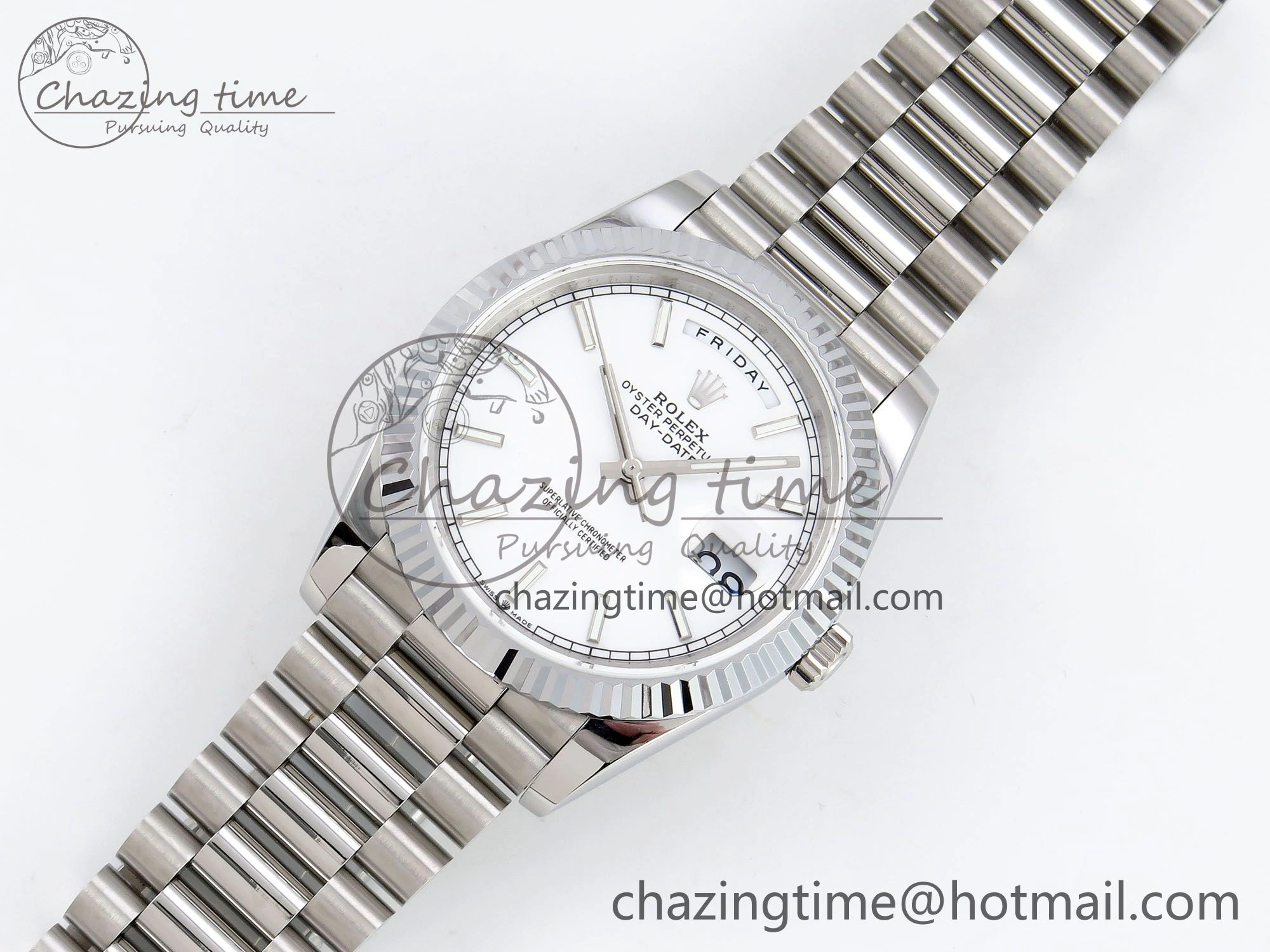 DayDate 40 SS JDF 904L Steel White Stick Dial on President Bracelet VR3255 V3 (Gain Weight)