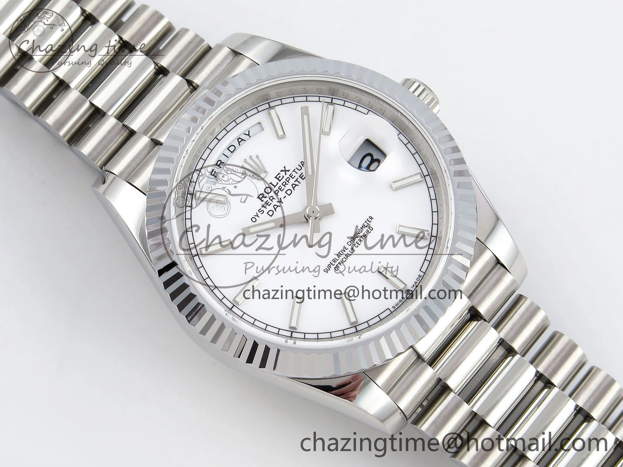 DayDate 40 SS JDF 904L Steel White Stick Dial on President Bracelet VR3255 V3 (Gain Weight)