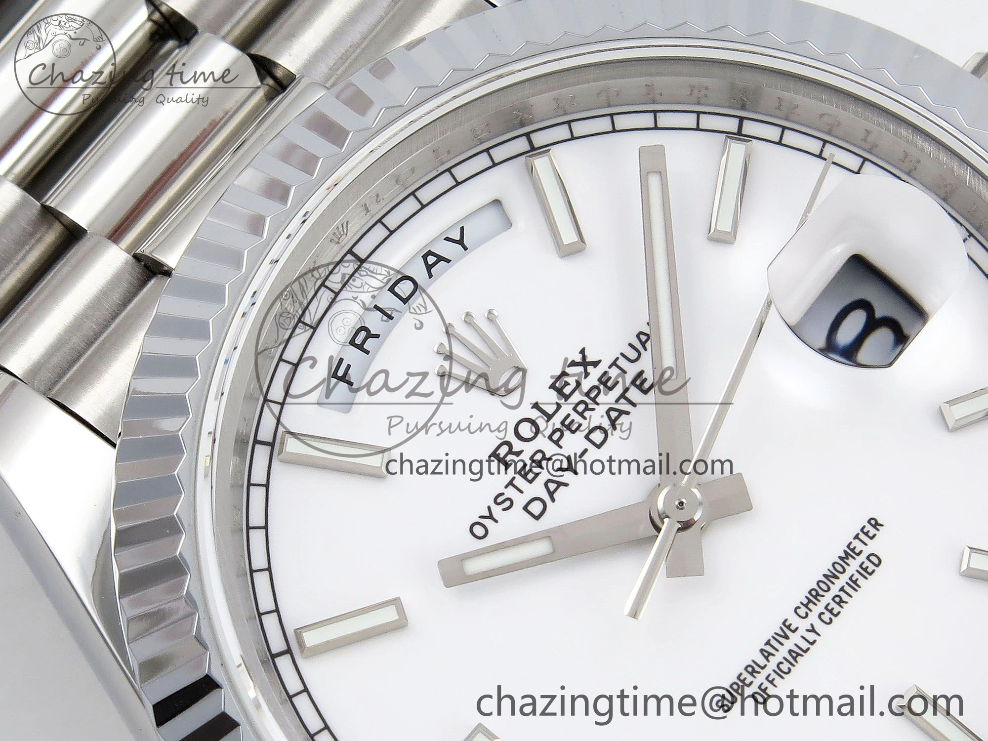 DayDate 40 SS JDF 904L Steel White Stick Dial on President Bracelet VR3255 V3 (Gain Weight)