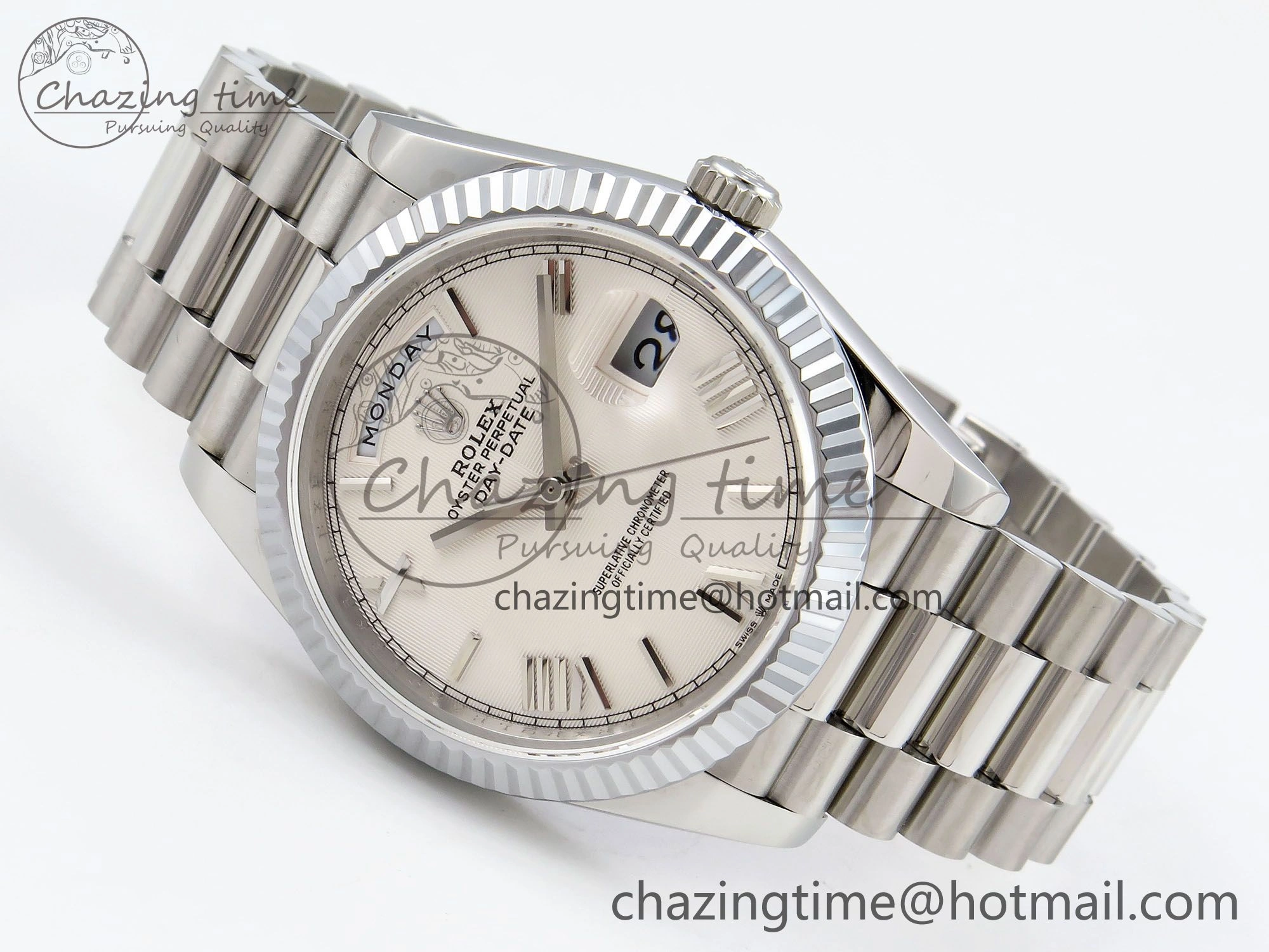 DayDate 40 SS JDF 904L Steel White Textured Roman Dial on President Bracelet VR3255 V3 (Gain Weight)