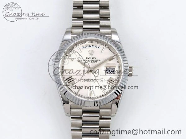 DayDate 40 SS JDF 904L Steel White Textured Roman Dial on President Bracelet VR3255 V3 (Gain Weight)