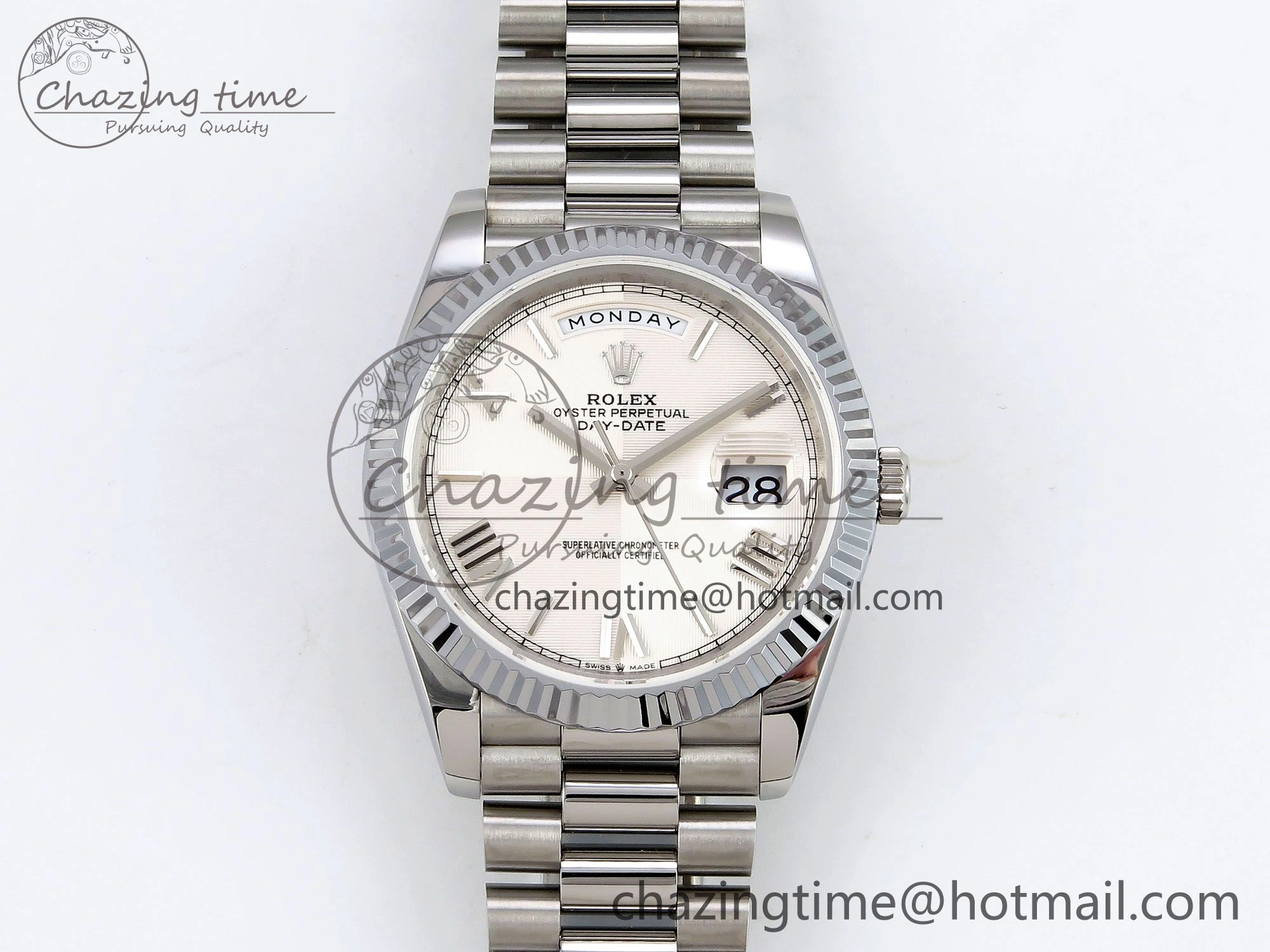 DayDate 40 SS JDF 904L Steel White Textured Roman Dial on President Bracelet VR3255 V3 (Gain Weight)