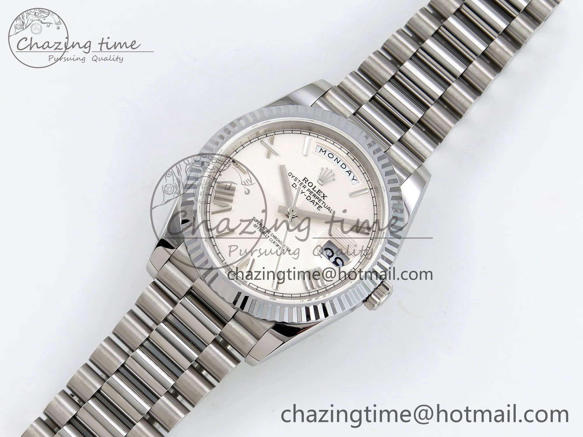 DayDate 40 SS JDF 904L Steel White Textured Roman Dial on President Bracelet VR3255 V3 (Gain Weight)