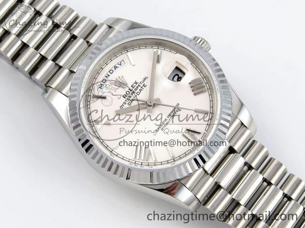 DayDate 40 SS JDF 904L Steel White Textured Roman Dial on President Bracelet VR3255 V3 (Gain Weight)