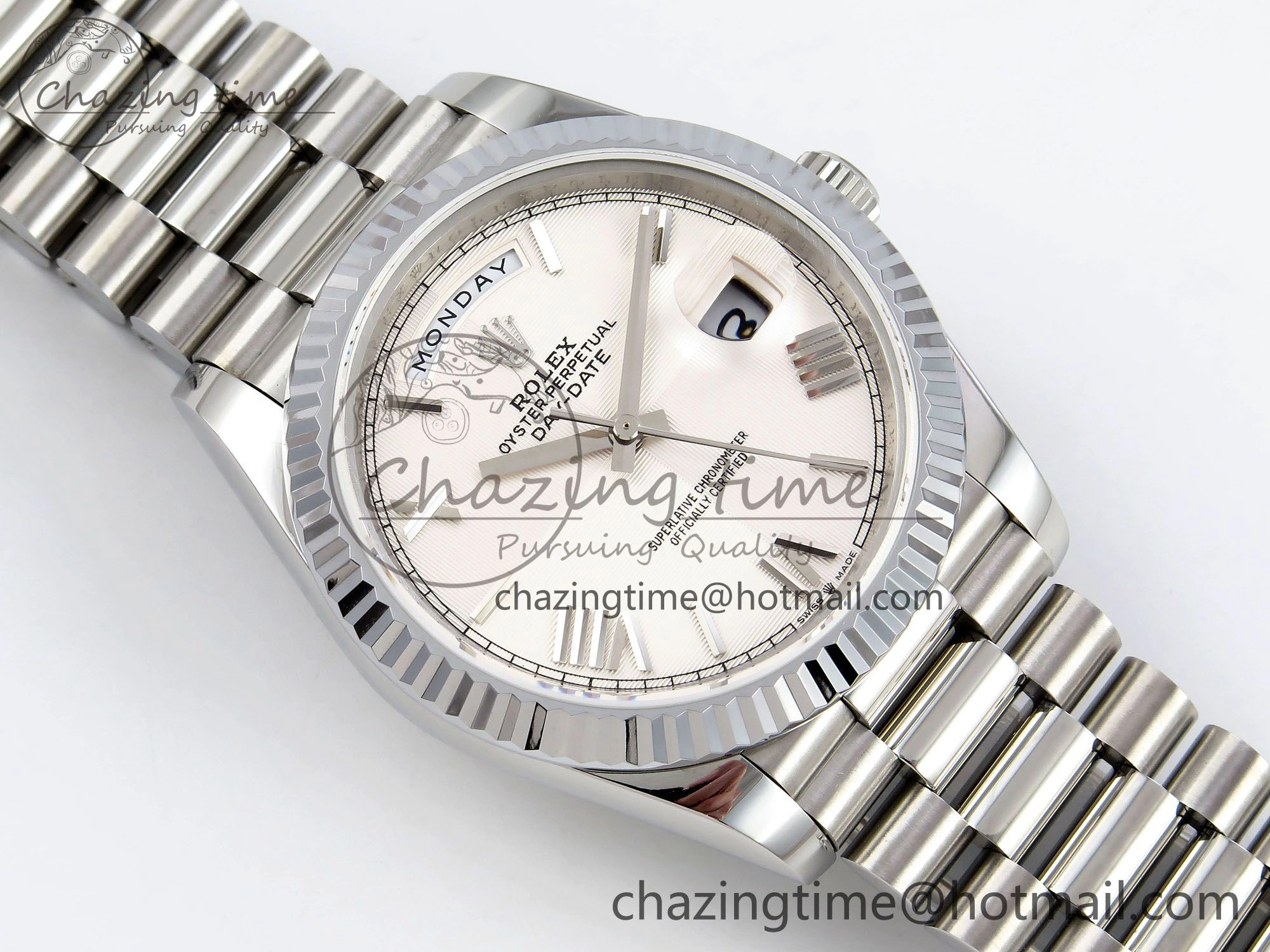 DayDate 40 SS JDF 904L Steel White Textured Roman Dial on President Bracelet VR3255 V3 (Gain Weight)