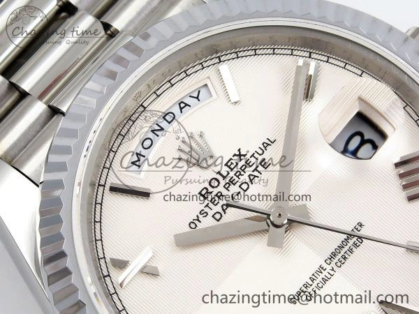 DayDate 40 SS JDF 904L Steel White Textured Roman Dial on President Bracelet VR3255 V3 (Gain Weight)