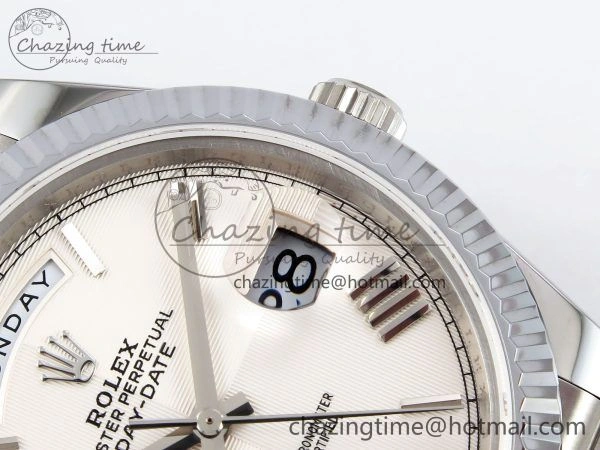 DayDate 40 SS JDF 904L Steel White Textured Roman Dial on President Bracelet VR3255 V3 (Gain Weight)
