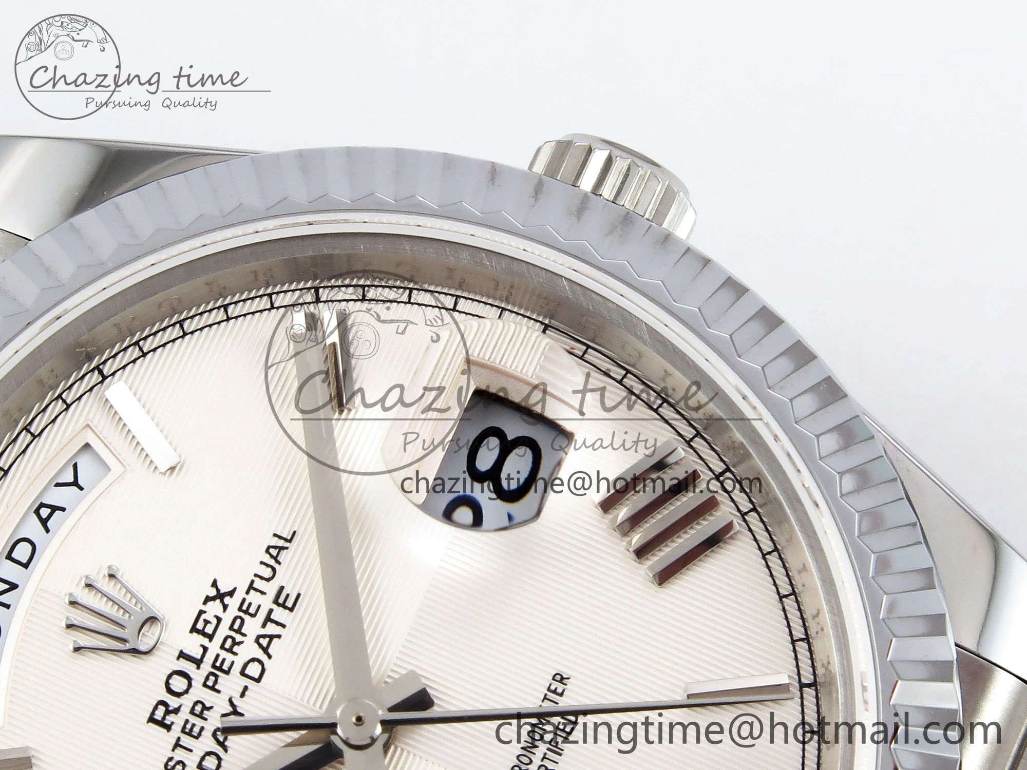 DayDate 40 SS JDF 904L Steel White Textured Roman Dial on President Bracelet VR3255 V3 (Gain Weight)