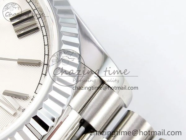 DayDate 40 SS JDF 904L Steel White Textured Roman Dial on President Bracelet VR3255 V3 (Gain Weight)