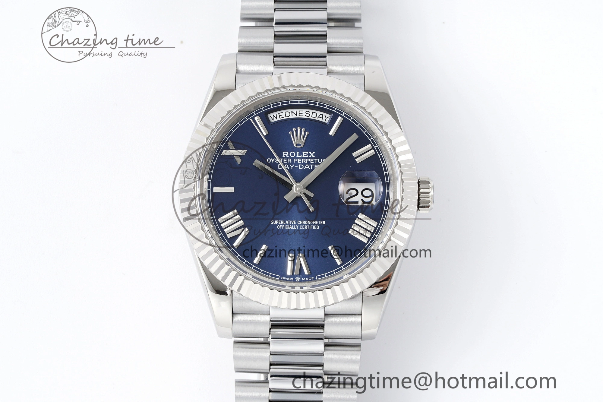 DayDate 40 SS JDF Gain Weight 904L Steel Blue Dial Roman Markers on President Bracelet A2836 V2