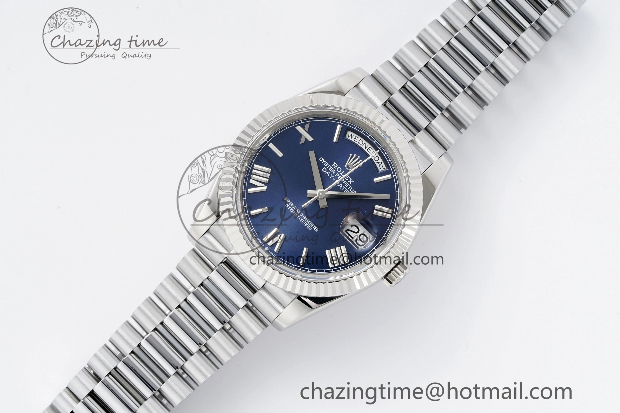 DayDate 40 SS JDF Gain Weight 904L Steel Blue Dial Roman Markers on President Bracelet A2836 V2
