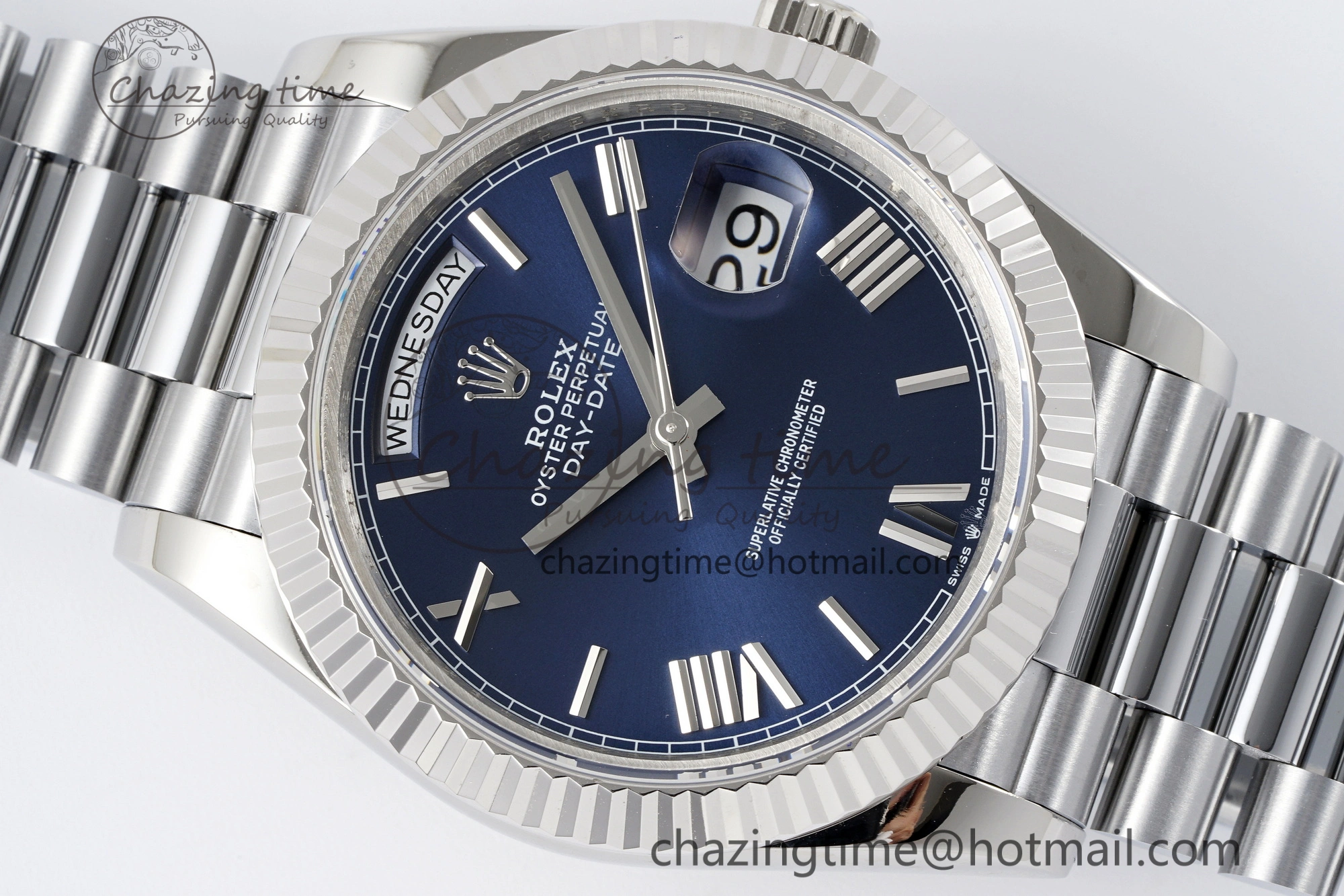 DayDate 40 SS JDF Gain Weight 904L Steel Blue Dial Roman Markers on President Bracelet A2836 V2