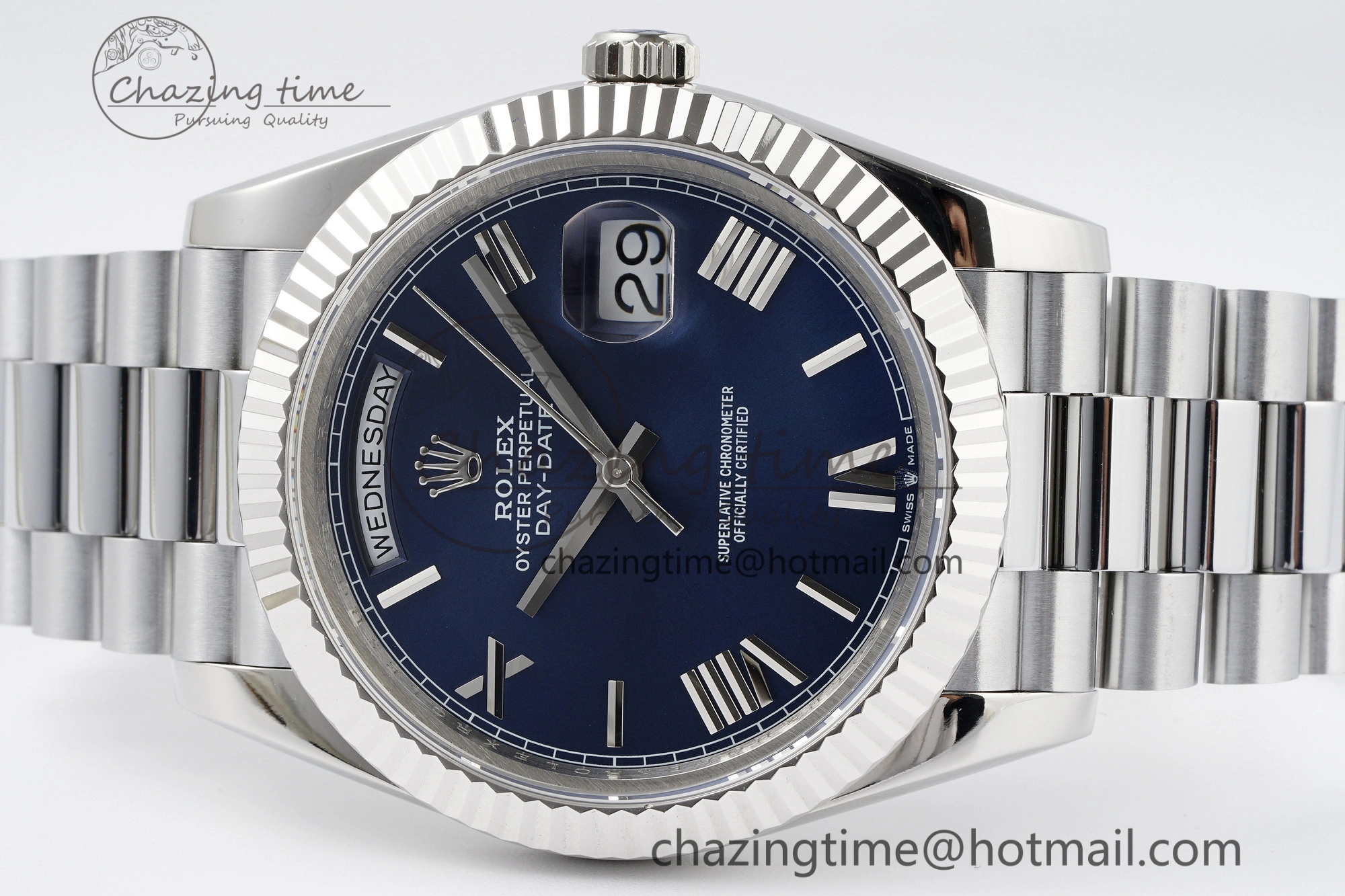 DayDate 40 SS JDF Gain Weight 904L Steel Blue Dial Roman Markers on President Bracelet A2836 V2
