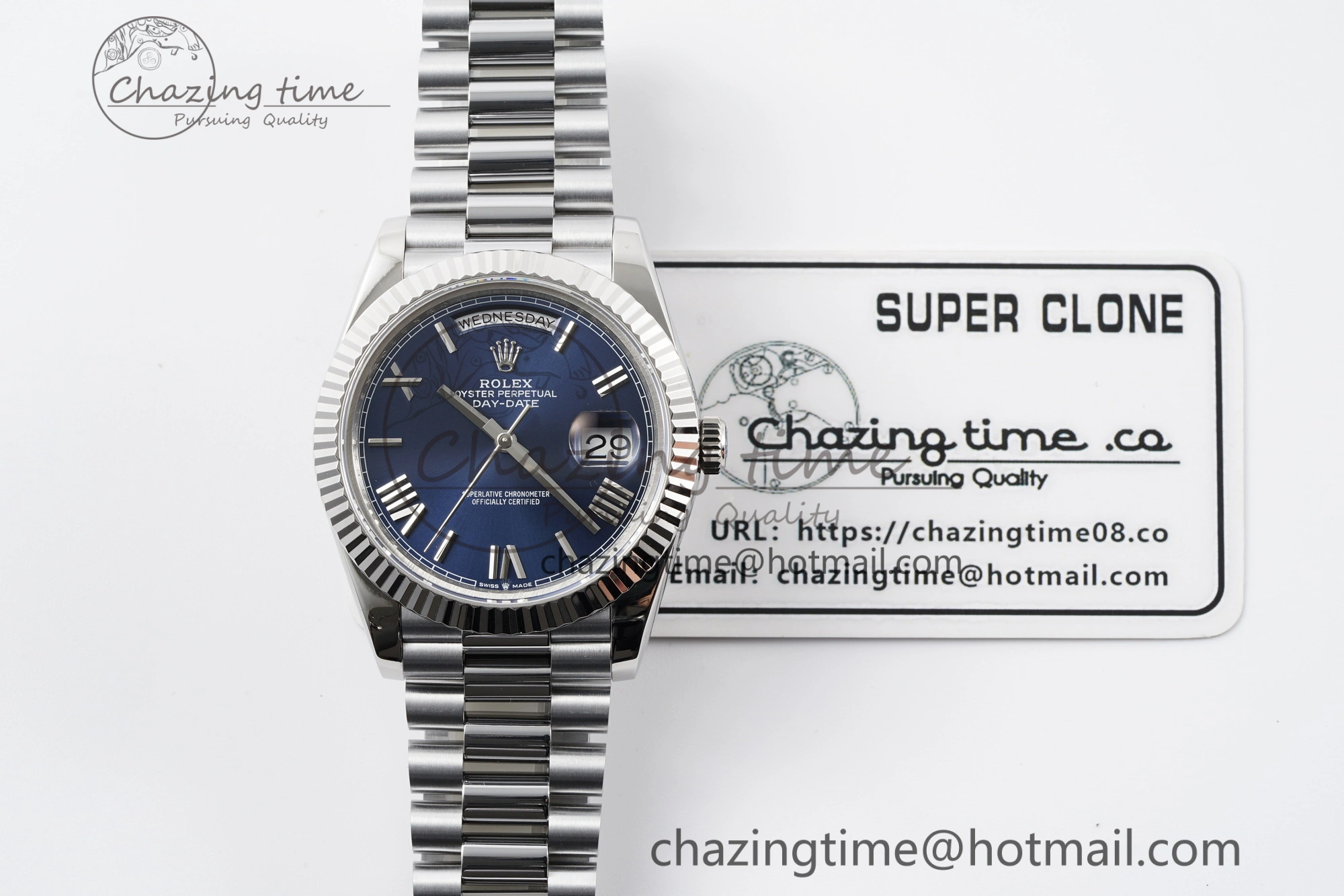 DayDate 40 SS JDF Gain Weight 904L Steel Blue Dial Roman Markers on President Bracelet A2836 V2