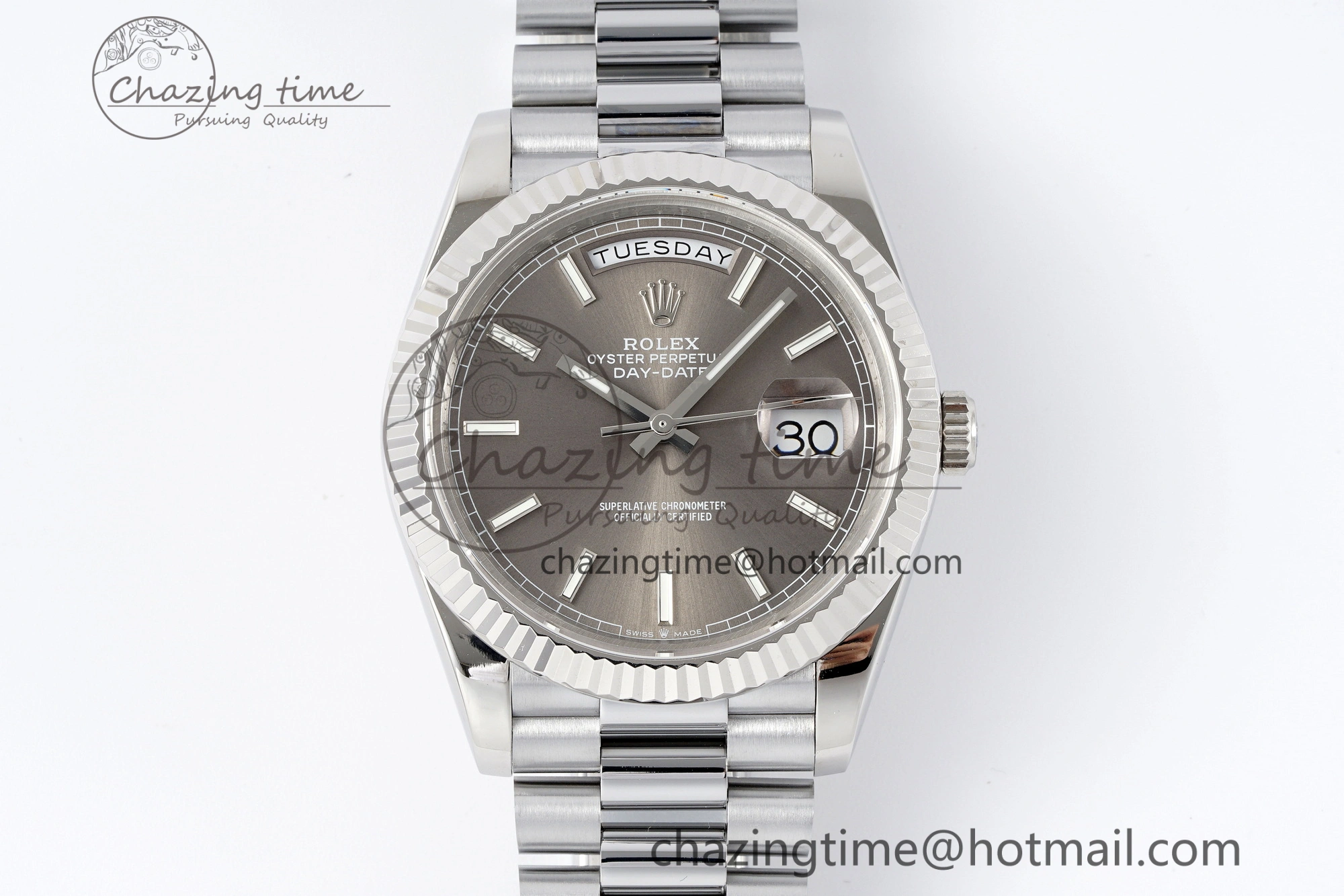 DayDate 40 SS JDF Gain Weight 904L Steel Gray Dial Stick Markers on President Bracelet A2836 V2