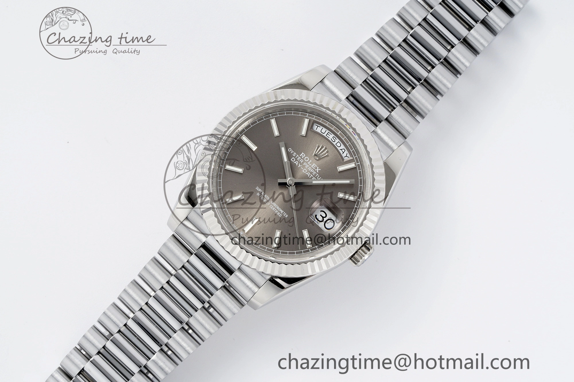 DayDate 40 SS JDF Gain Weight 904L Steel Gray Dial Stick Markers on President Bracelet A2836 V2
