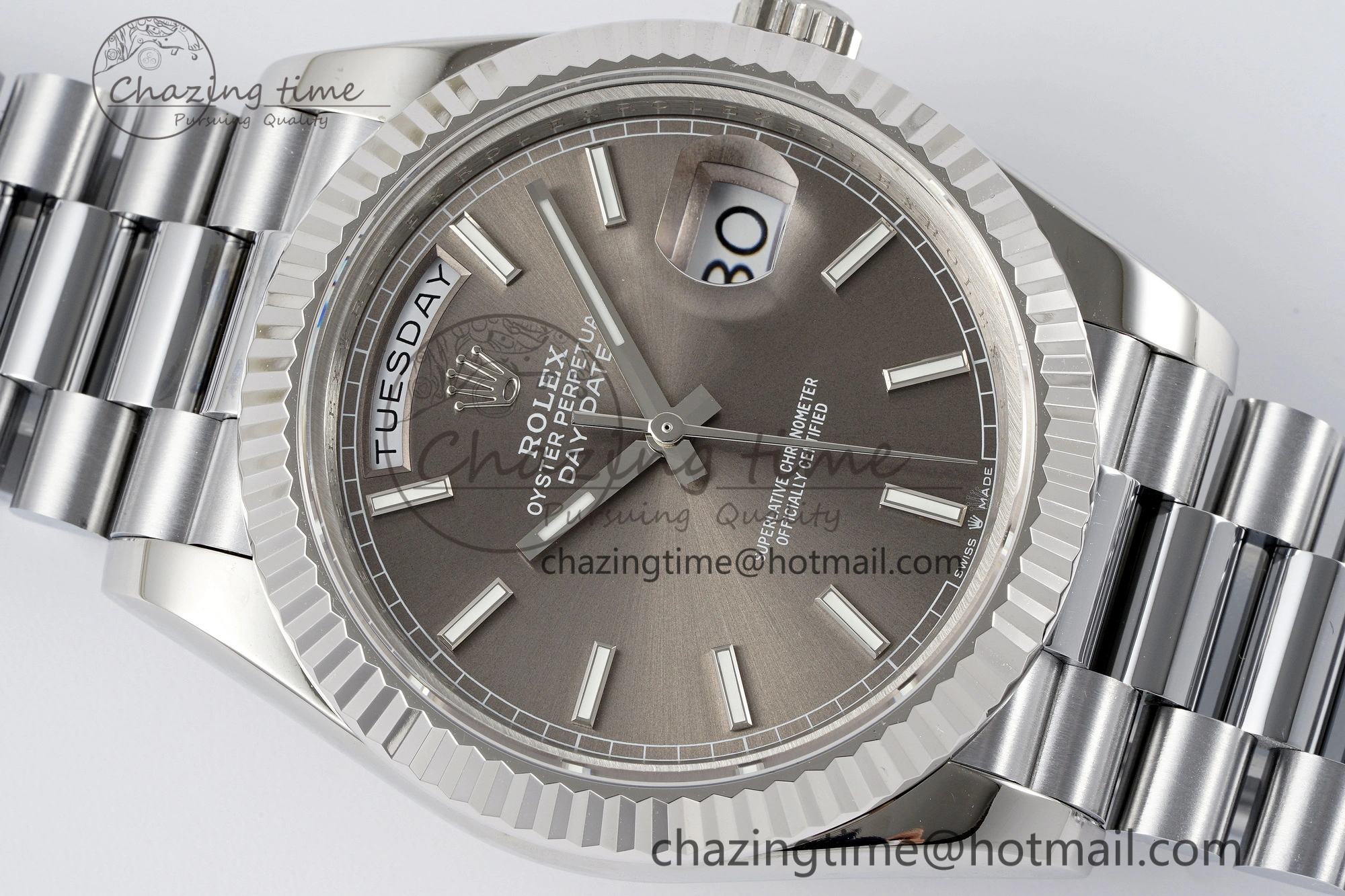 DayDate 40 SS JDF Gain Weight 904L Steel Gray Dial Stick Markers on President Bracelet A2836 V2