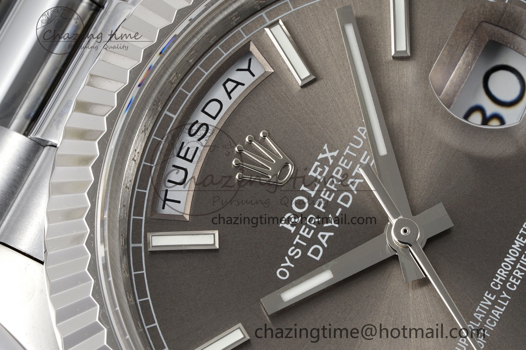 DayDate 40 SS JDF Gain Weight 904L Steel Gray Dial Stick Markers on President Bracelet A2836 V2