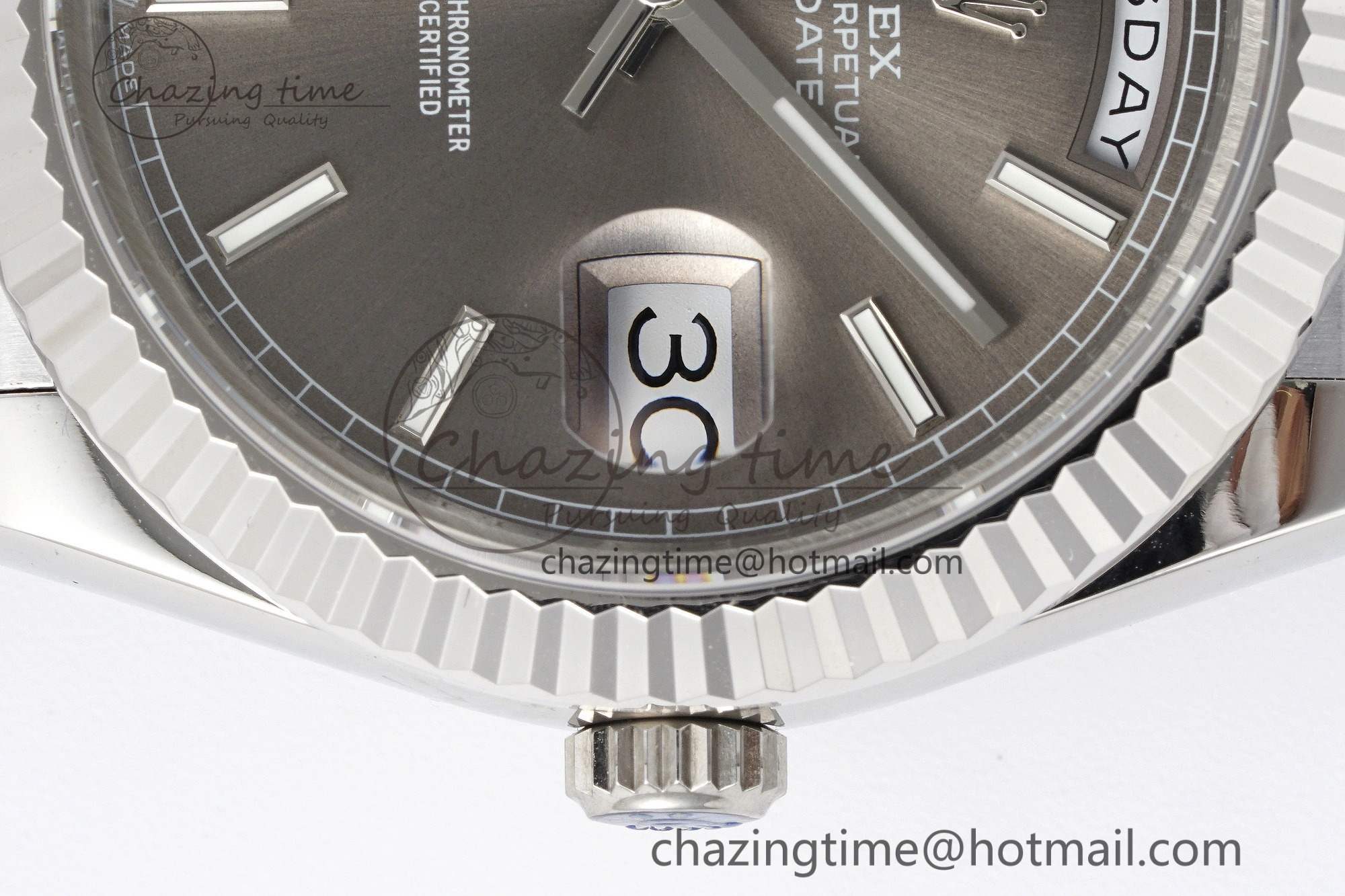 DayDate 40 SS JDF Gain Weight 904L Steel Gray Dial Stick Markers on President Bracelet A2836 V2