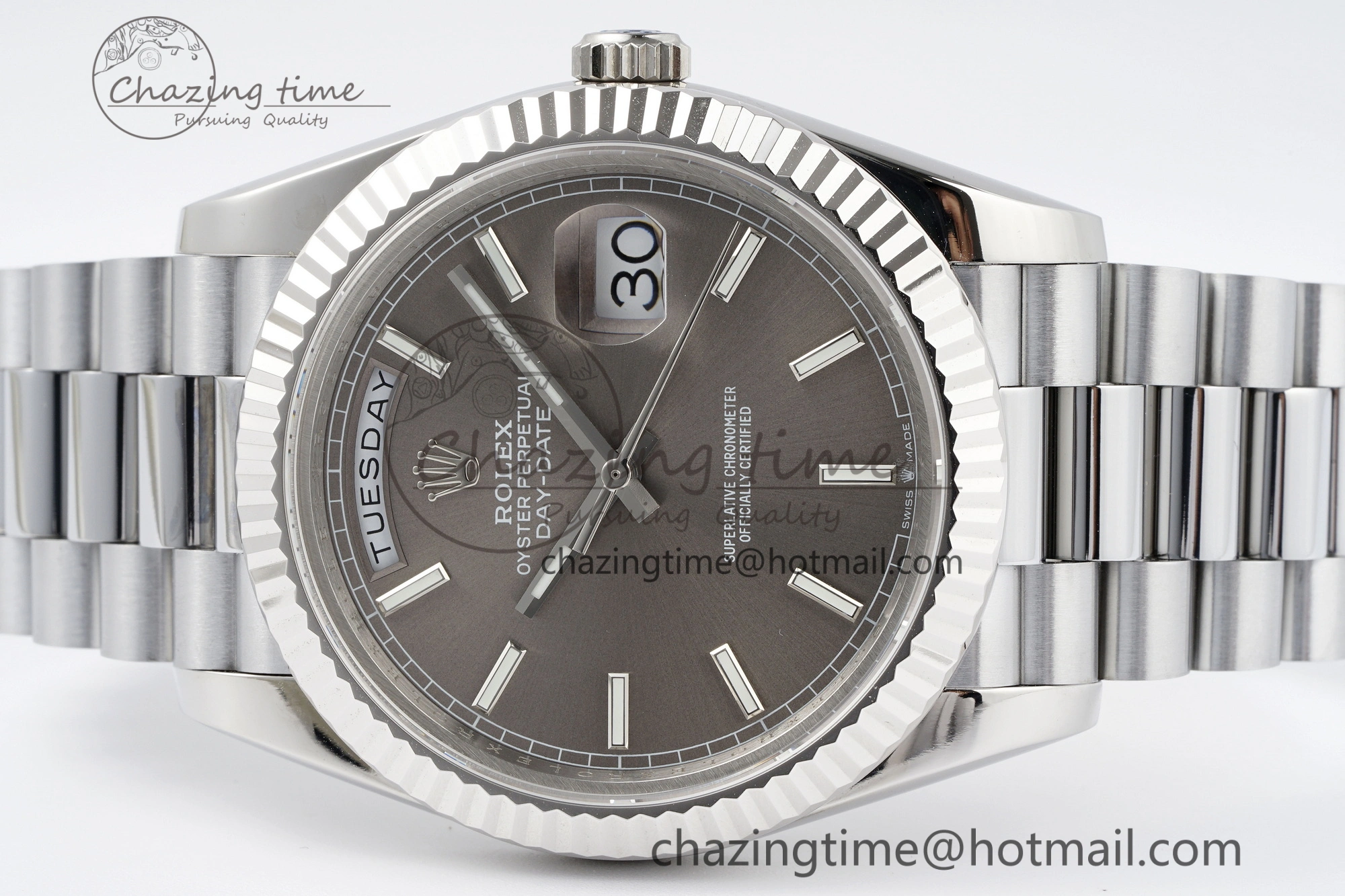 DayDate 40 SS JDF Gain Weight 904L Steel Gray Dial Stick Markers on President Bracelet A2836 V2