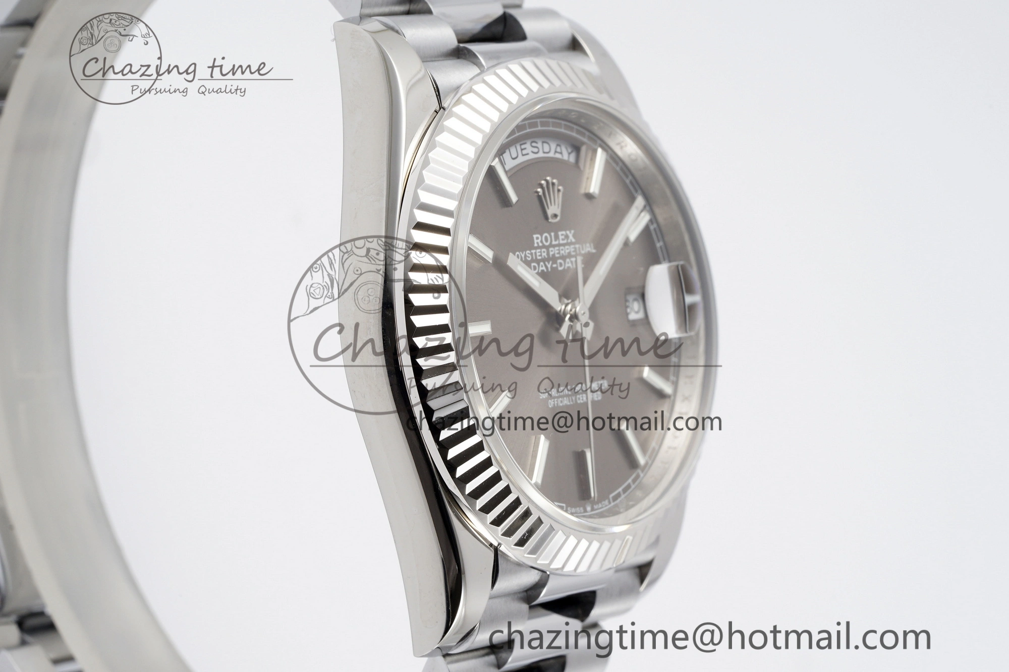 DayDate 40 SS JDF Gain Weight 904L Steel Gray Dial Stick Markers on President Bracelet A2836 V2