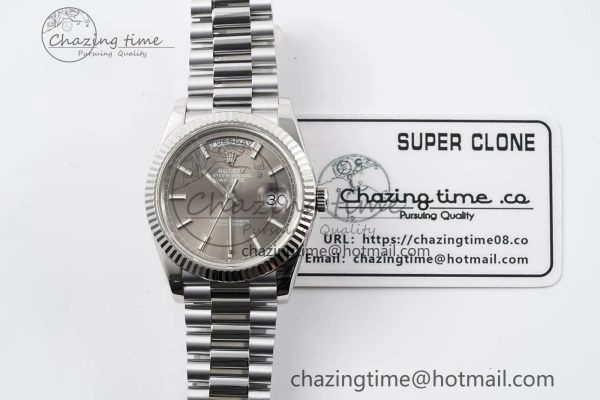 DayDate 40 SS JDF Gain Weight 904L Steel Gray Dial Stick Markers on President Bracelet A2836 V2