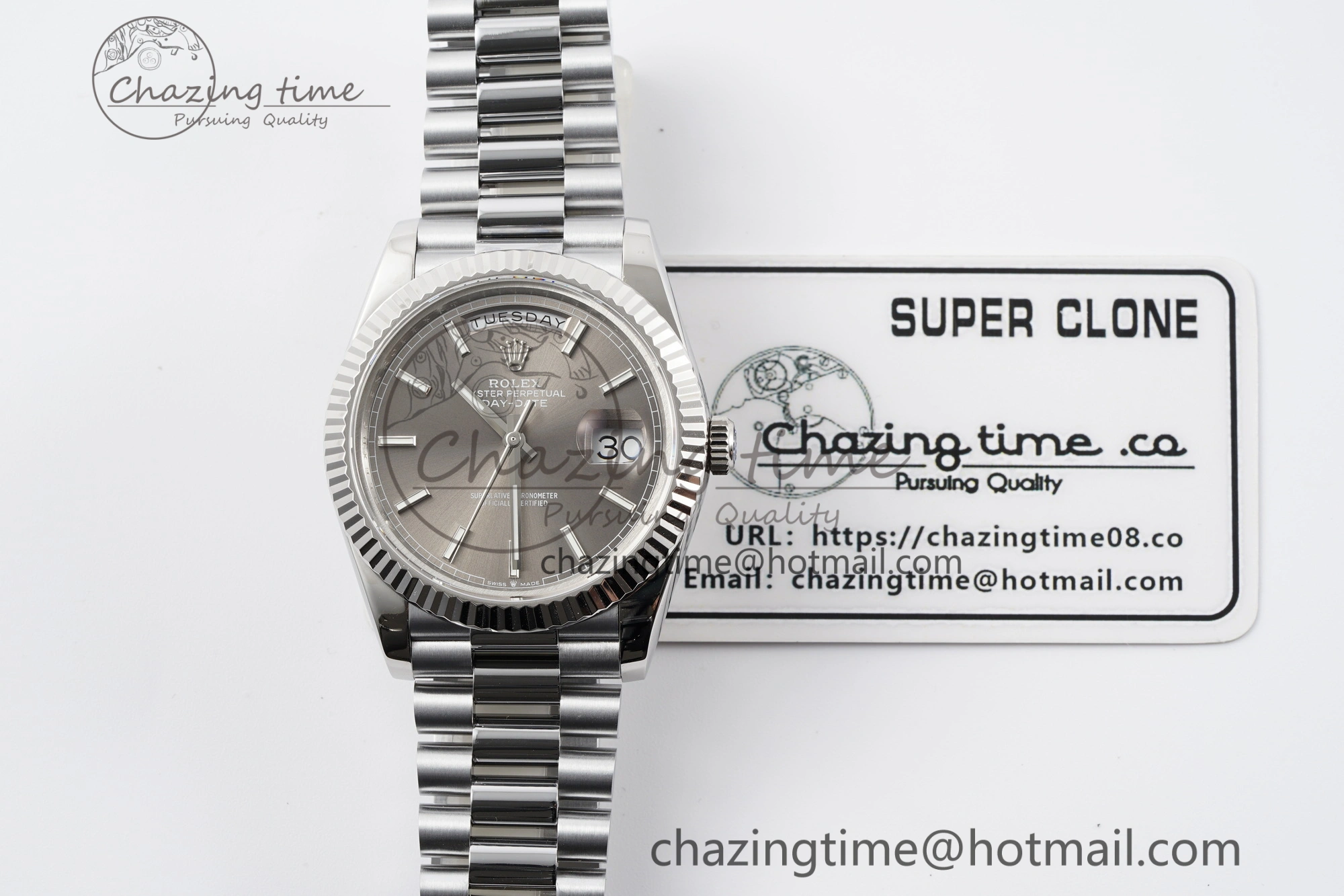 DayDate 40 SS JDF Gain Weight 904L Steel Gray Dial Stick Markers on President Bracelet A2836 V2