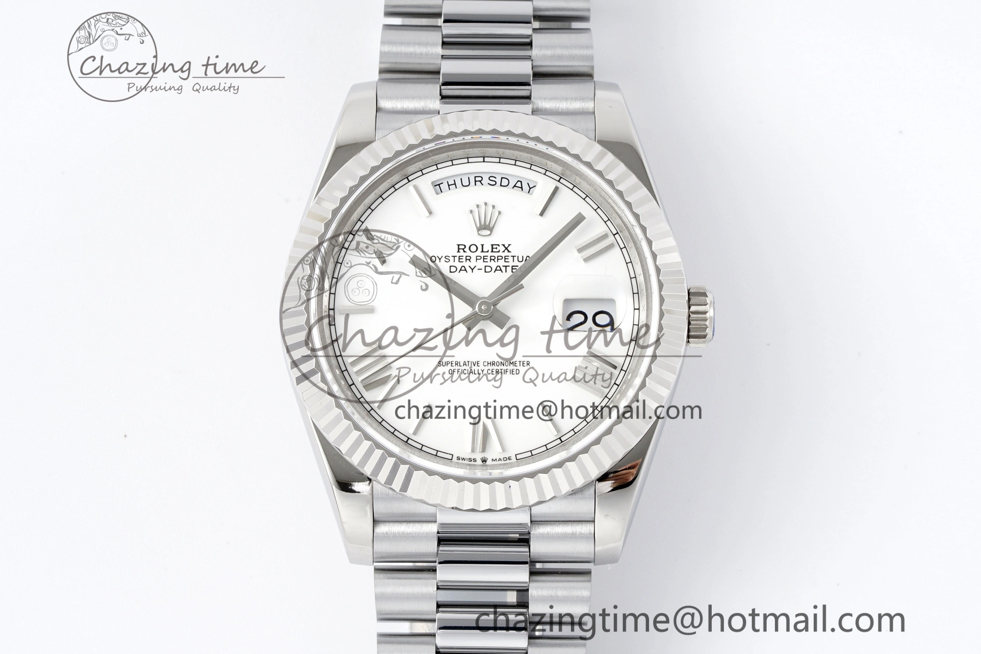 DayDate 40 SS JDF Gain Weight 904L Steel White Dial Roman Markers on President Bracelet A2836 V2