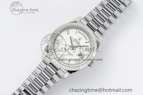 DayDate 40 SS JDF Gain Weight 904L Steel White Dial Roman Markers on President Bracelet A2836 V2