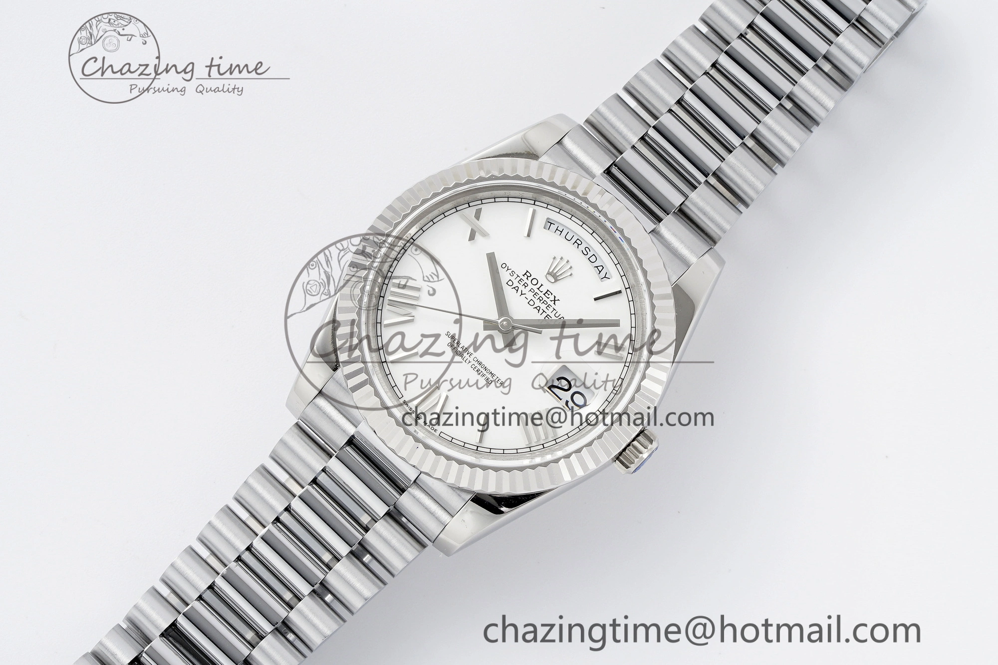 DayDate 40 SS JDF Gain Weight 904L Steel White Dial Roman Markers on President Bracelet A2836 V2