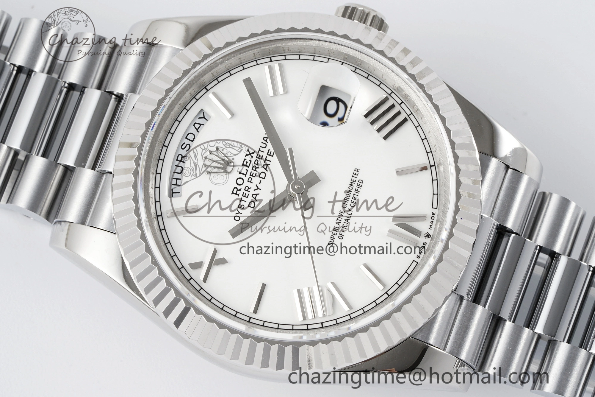 DayDate 40 SS JDF Gain Weight 904L Steel White Dial Roman Markers on President Bracelet A2836 V2