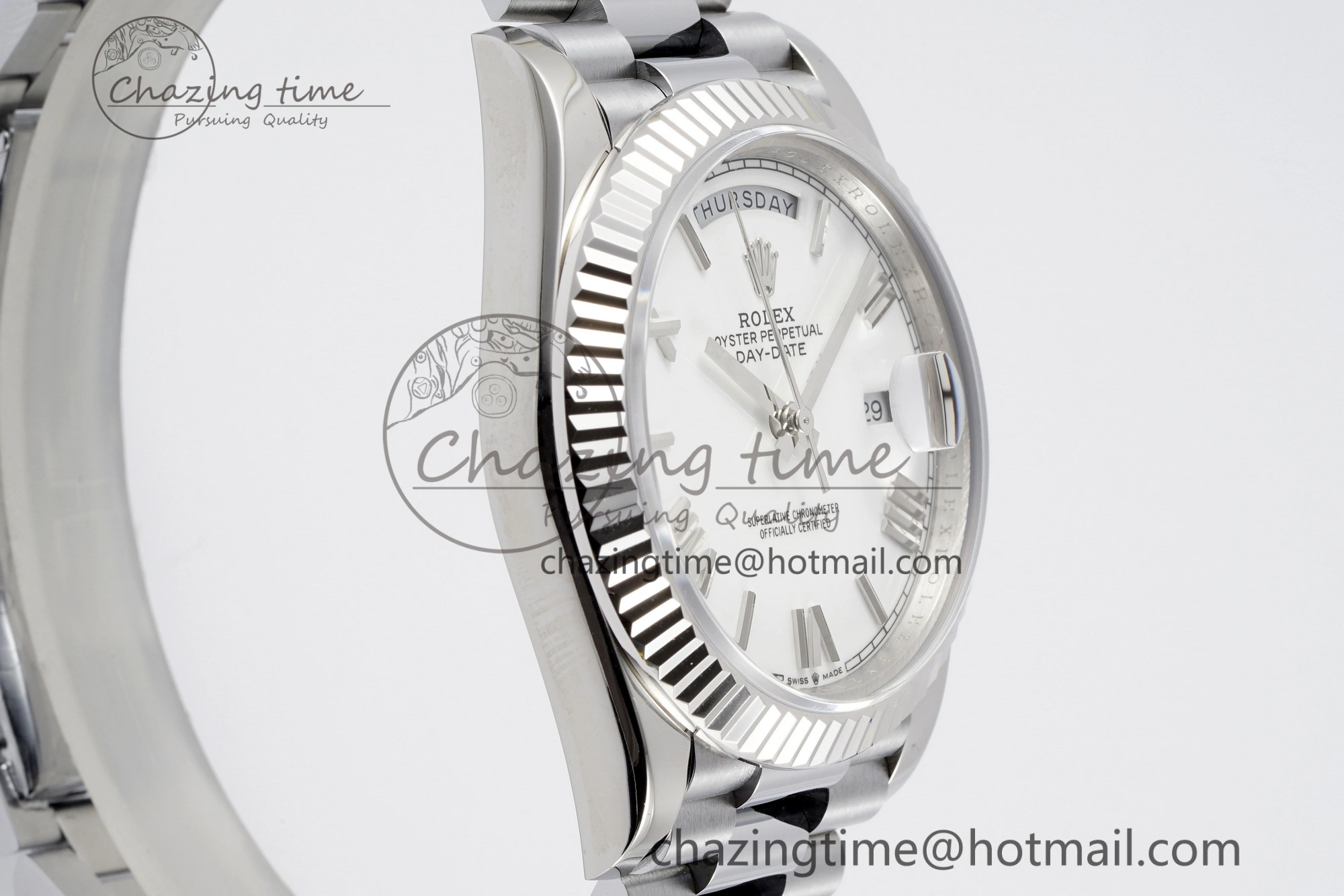 DayDate 40 SS JDF Gain Weight 904L Steel White Dial Roman Markers on President Bracelet A2836 V2