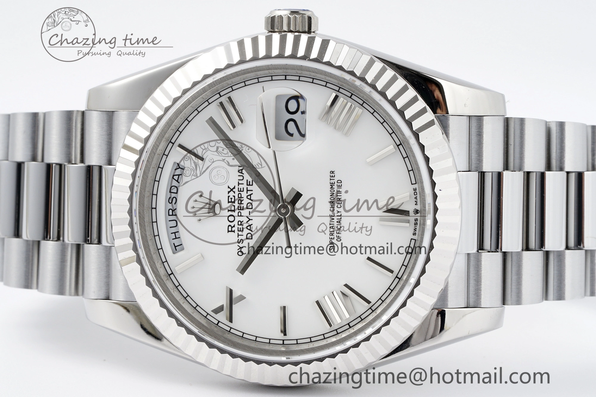 DayDate 40 SS JDF Gain Weight 904L Steel White Dial Roman Markers on President Bracelet A2836 V2