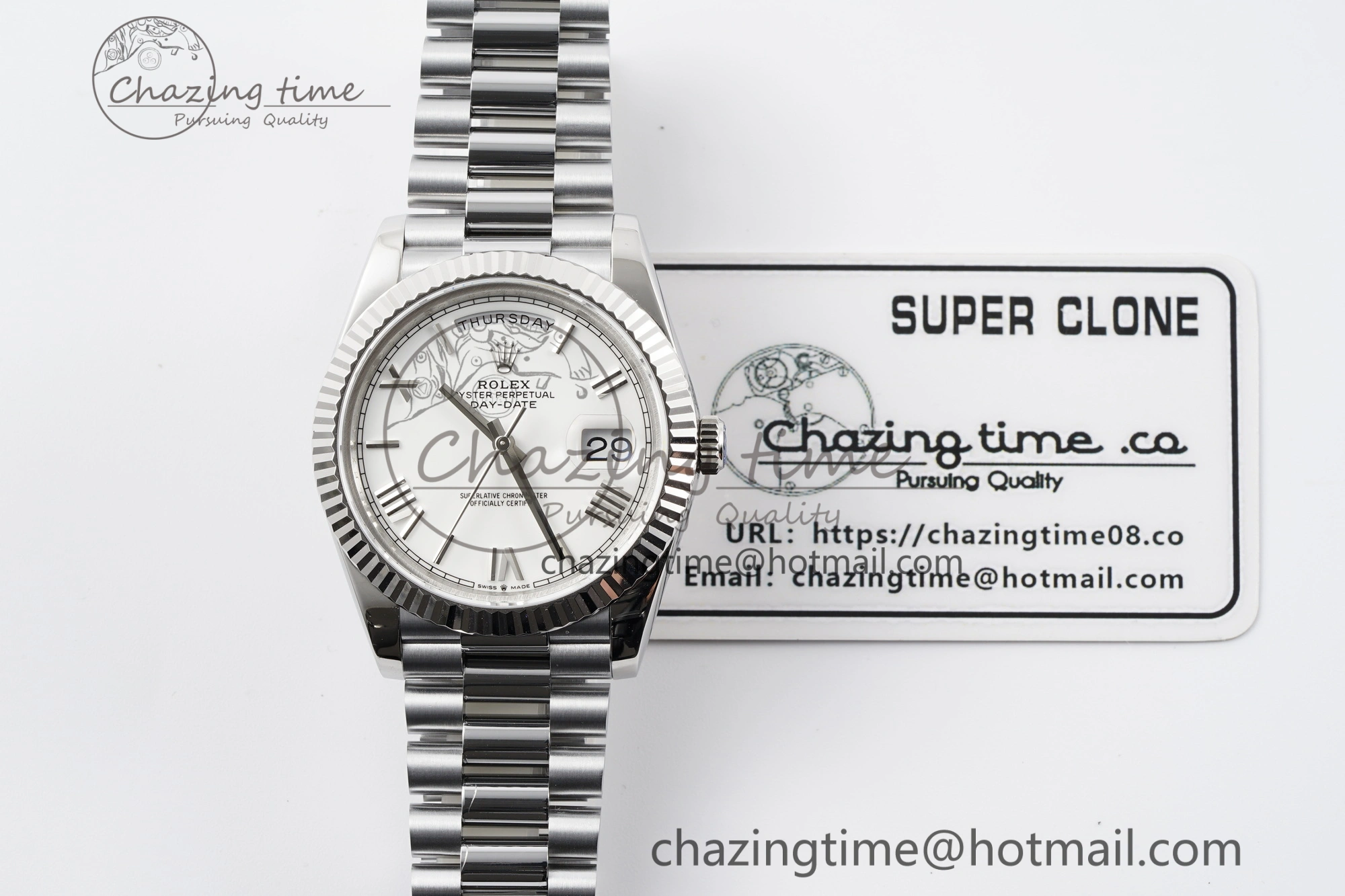 DayDate 40 SS JDF Gain Weight 904L Steel White Dial Roman Markers on President Bracelet A2836 V2