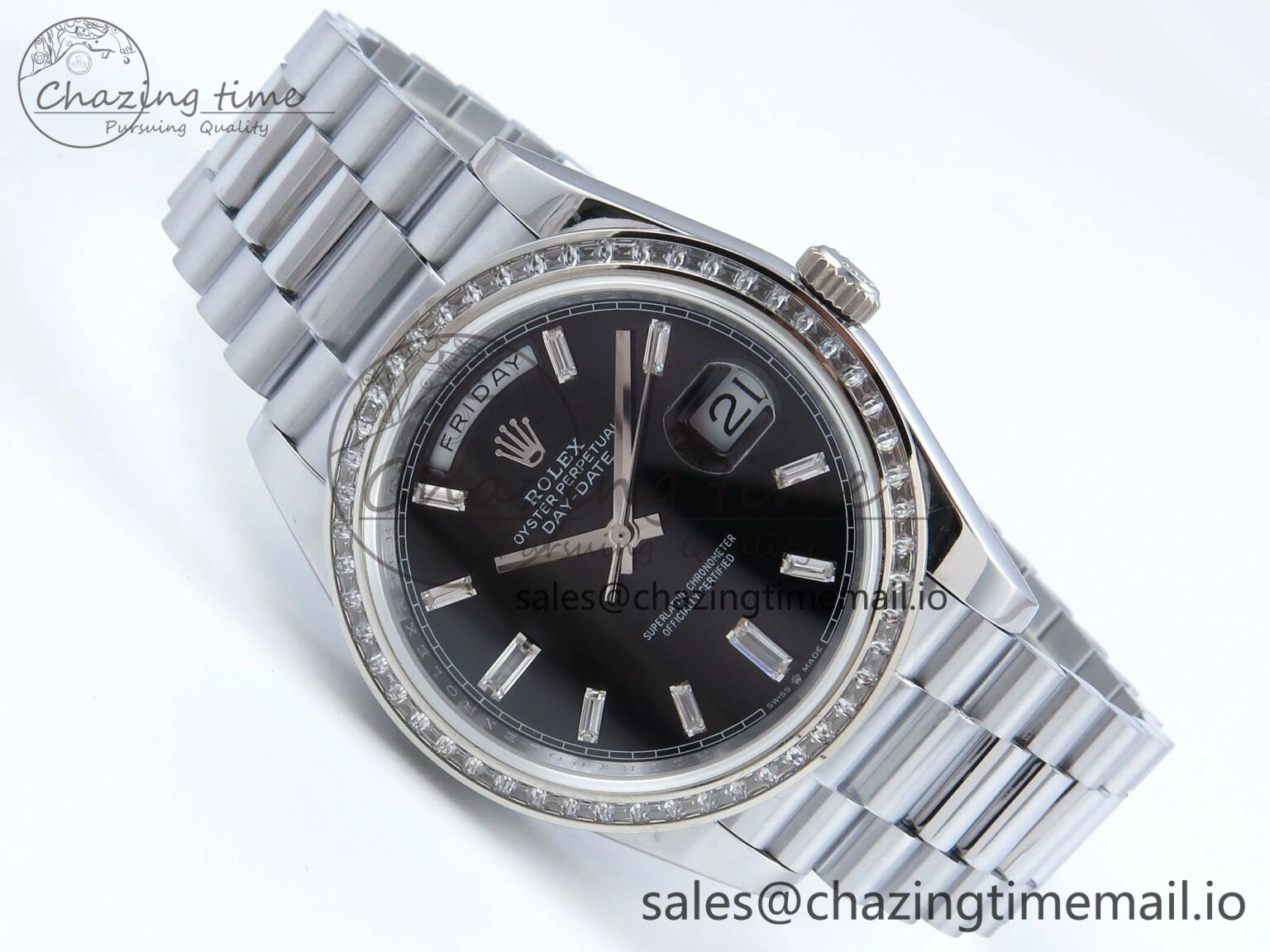 DayDate 40 SS QF 1:1 Best Edition Black Crystal Dial Diamonds Bezel on President Bracelet A2836 V5 (Gain Weight)