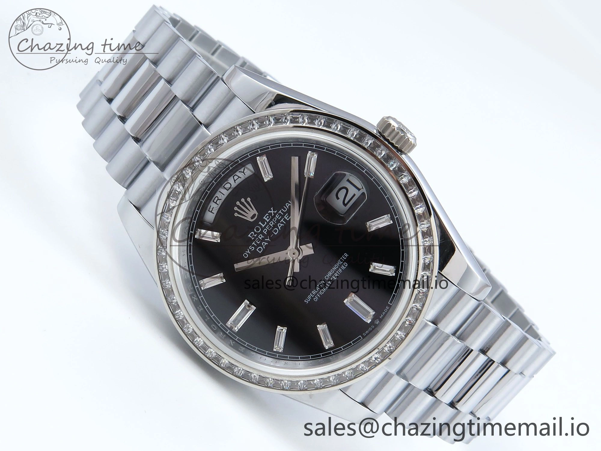 DayDate 40 SS QF 1:1 Best Edition Black Crystal Dial Diamonds Bezel on President Bracelet A2836 V5 (Gain Weight)