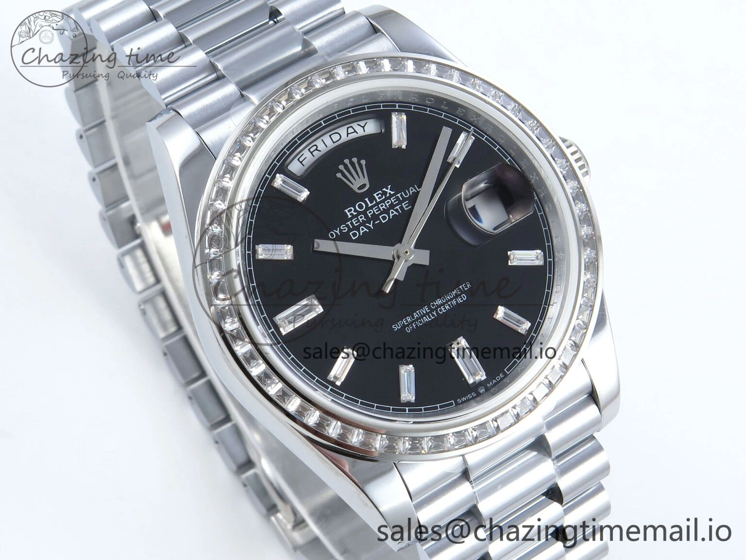 DayDate 40 SS QF 1:1 Best Edition Black Crystal Dial Diamonds Bezel on President Bracelet A2836 V5 (Gain Weight)