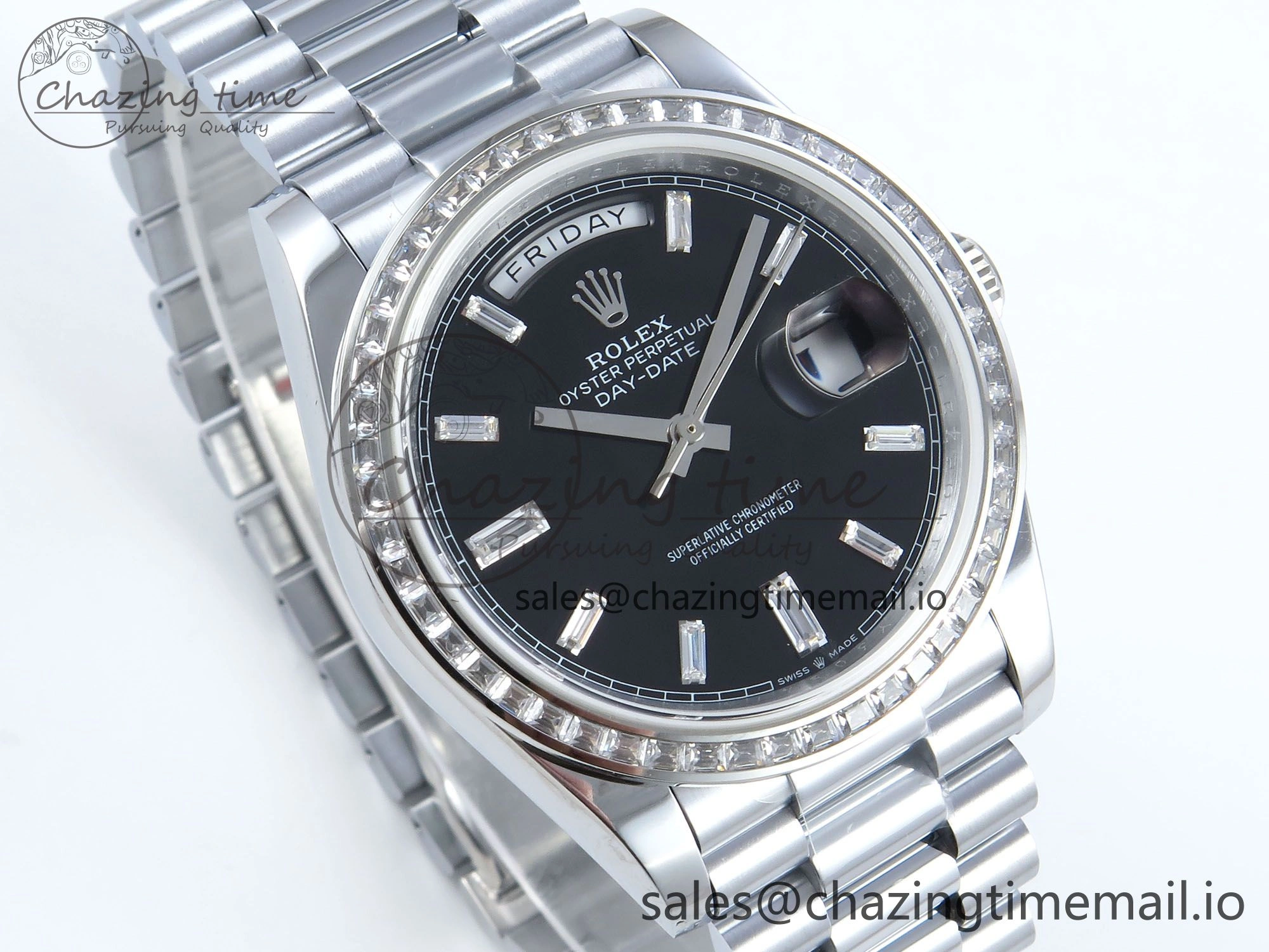 DayDate 40 SS QF 1:1 Best Edition Black Crystal Dial Diamonds Bezel on President Bracelet A2836 V5 (Gain Weight)