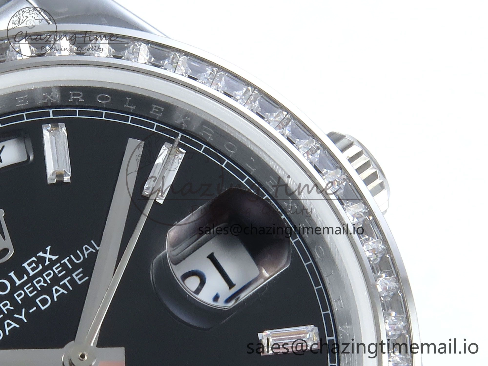 DayDate 40 SS QF 1:1 Best Edition Black Crystal Dial Diamonds Bezel on President Bracelet A2836 V5 (Gain Weight)