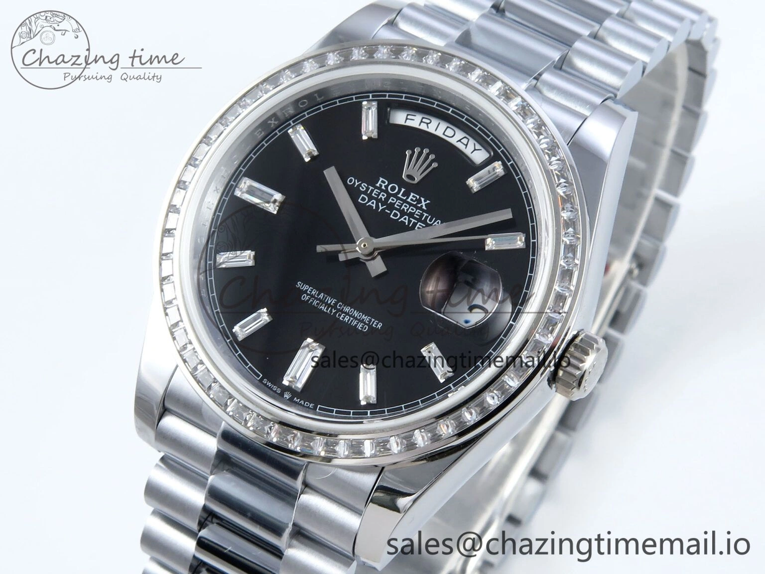 DayDate 40 SS QF 1:1 Best Edition Black Crystal Dial Diamonds Bezel on President Bracelet A2836 V5 (Gain Weight)