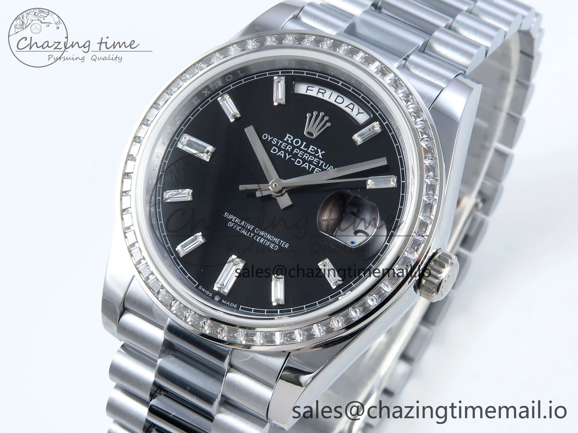 DayDate 40 SS QF 1:1 Best Edition Black Crystal Dial Diamonds Bezel on President Bracelet A2836 V5 (Gain Weight)