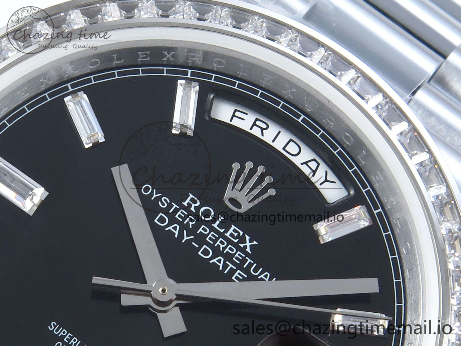 DayDate 40 SS QF 1:1 Best Edition Black Crystal Dial Diamonds Bezel on President Bracelet A2836 V5 (Gain Weight)