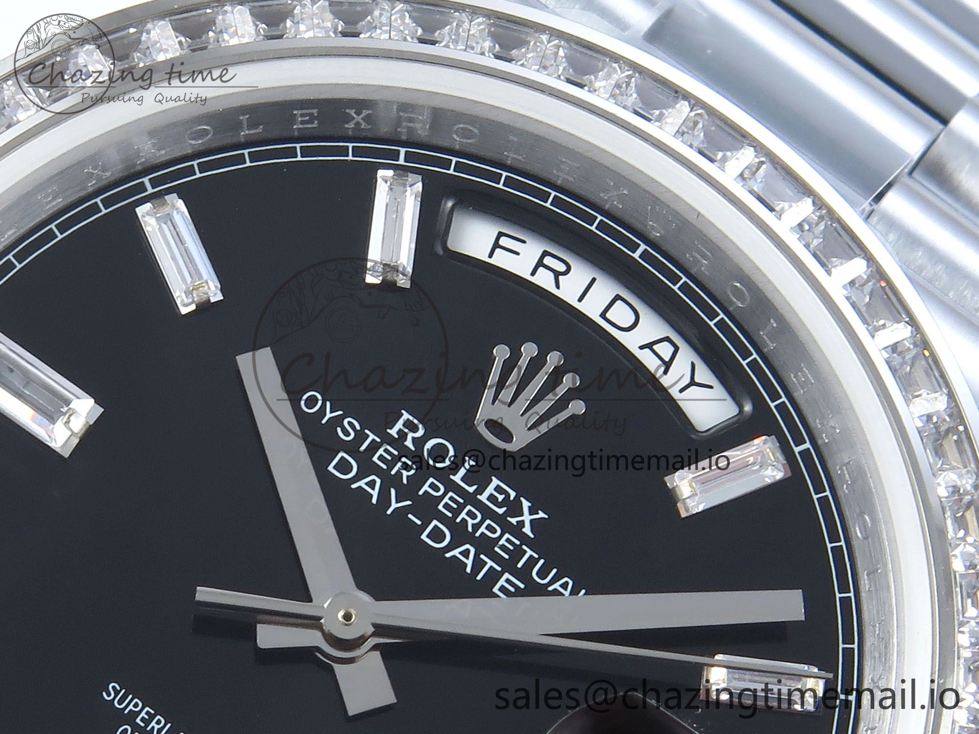 DayDate 40 SS QF 1:1 Best Edition Black Crystal Dial Diamonds Bezel on President Bracelet A2836 V5 (Gain Weight)