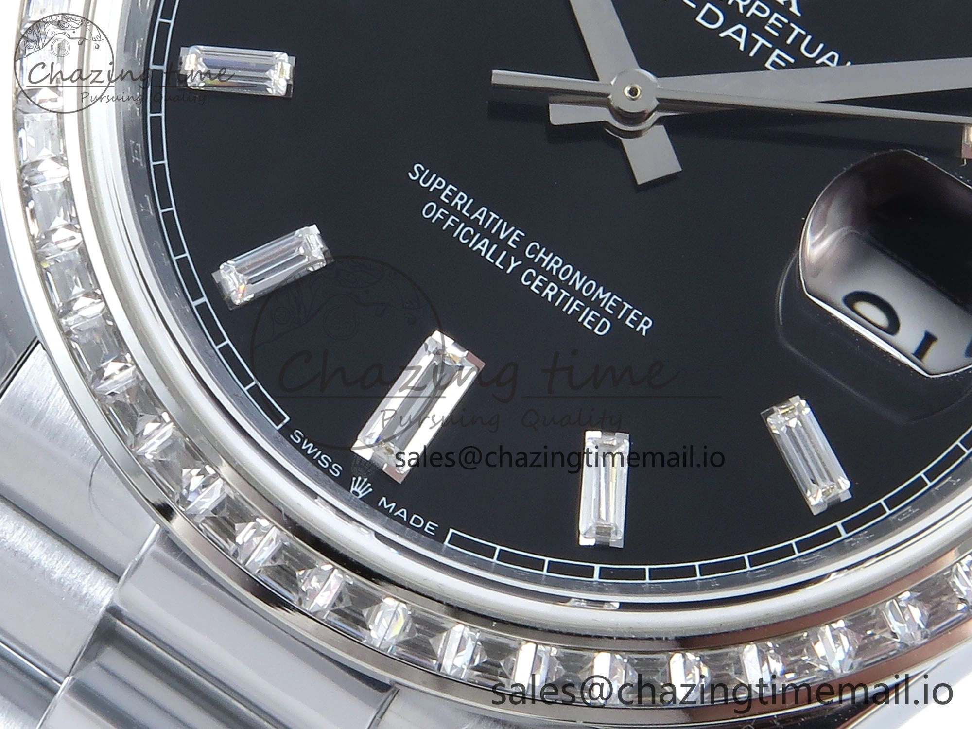 DayDate 40 SS QF 1:1 Best Edition Black Crystal Dial Diamonds Bezel on President Bracelet A2836 V5 (Gain Weight)