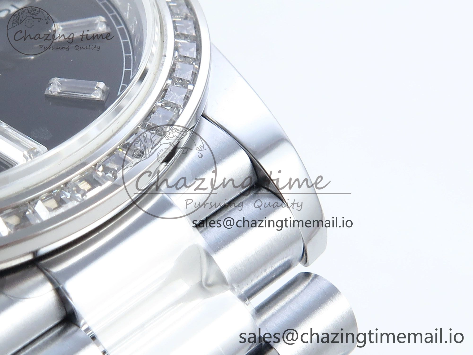 DayDate 40 SS QF 1:1 Best Edition Black Crystal Dial Diamonds Bezel on President Bracelet A2836 V5 (Gain Weight)