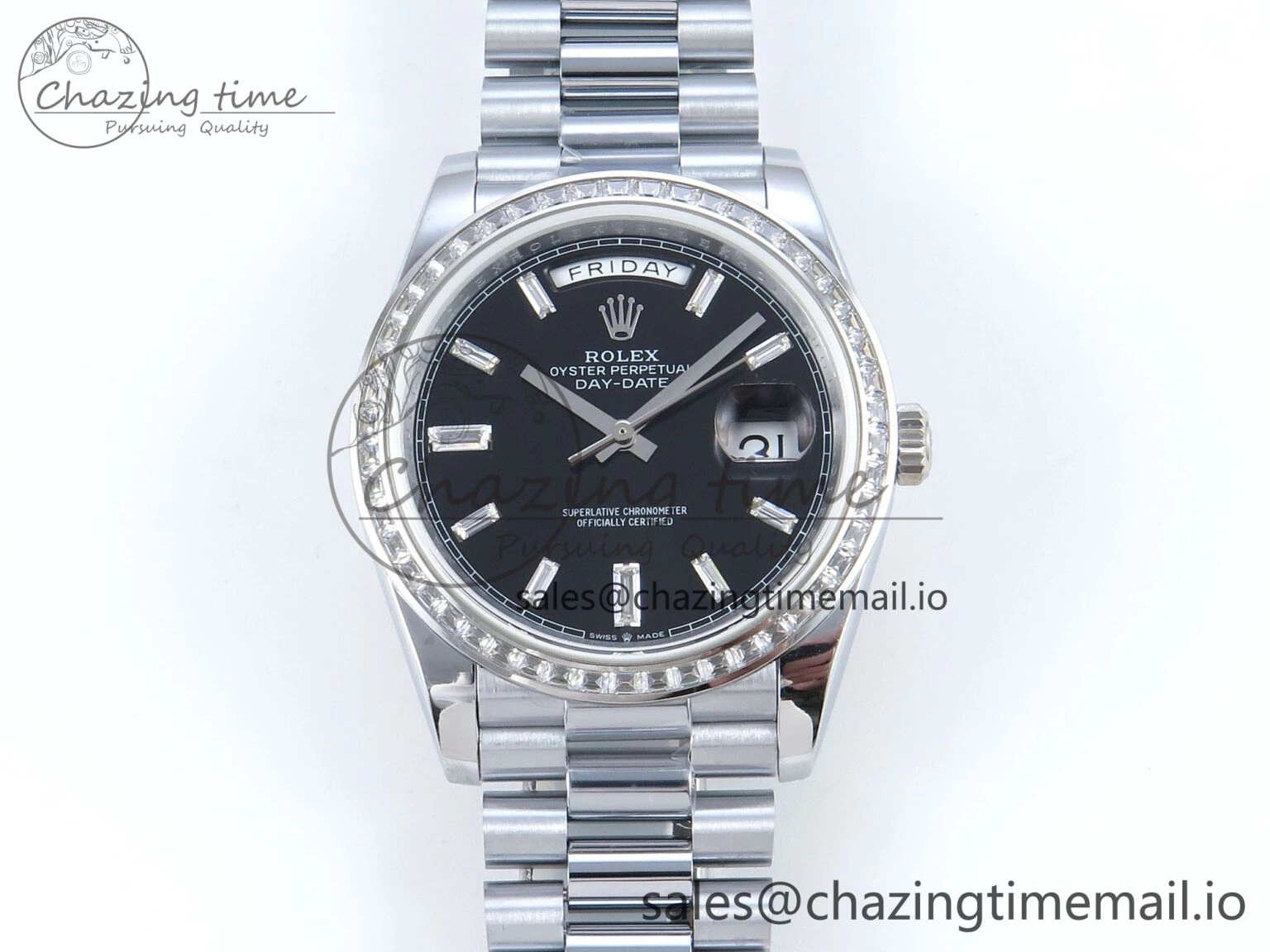 DayDate 40 SS QF 1:1 Best Edition Black Crystal Dial Diamonds Bezel on President Bracelet A2836 V5 (Gain Weight)