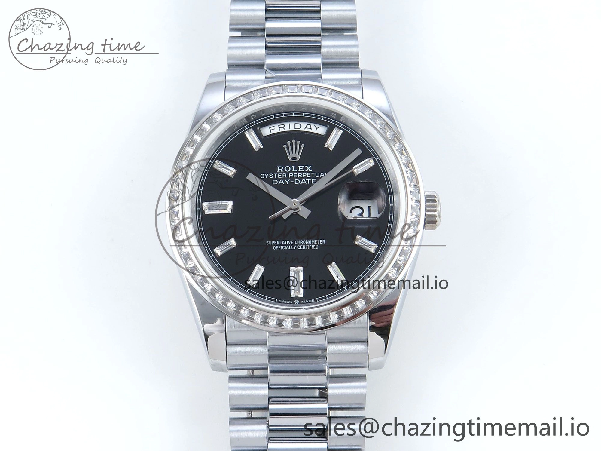 DayDate 40 SS QF 1:1 Best Edition Black Crystal Dial Diamonds Bezel on President Bracelet A2836 V5 (Gain Weight)