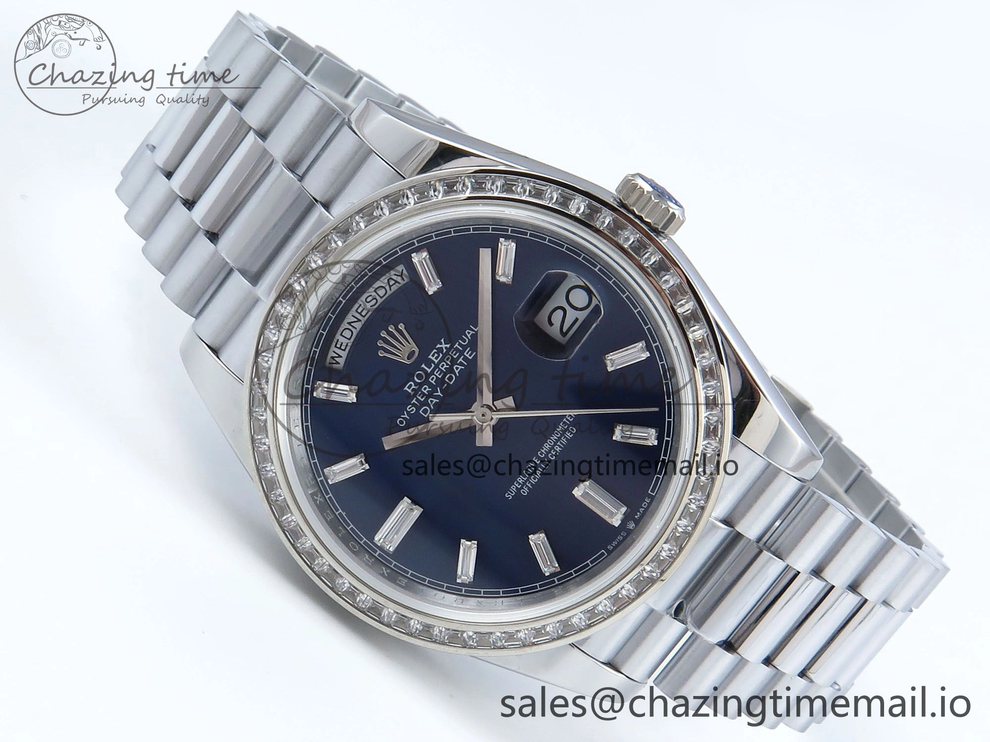 DayDate 40 SS QF 1:1 Best Edition Blue Crystal Dial Diamonds Bezel on President Bracelet A2836 V5 (Gain Weight)