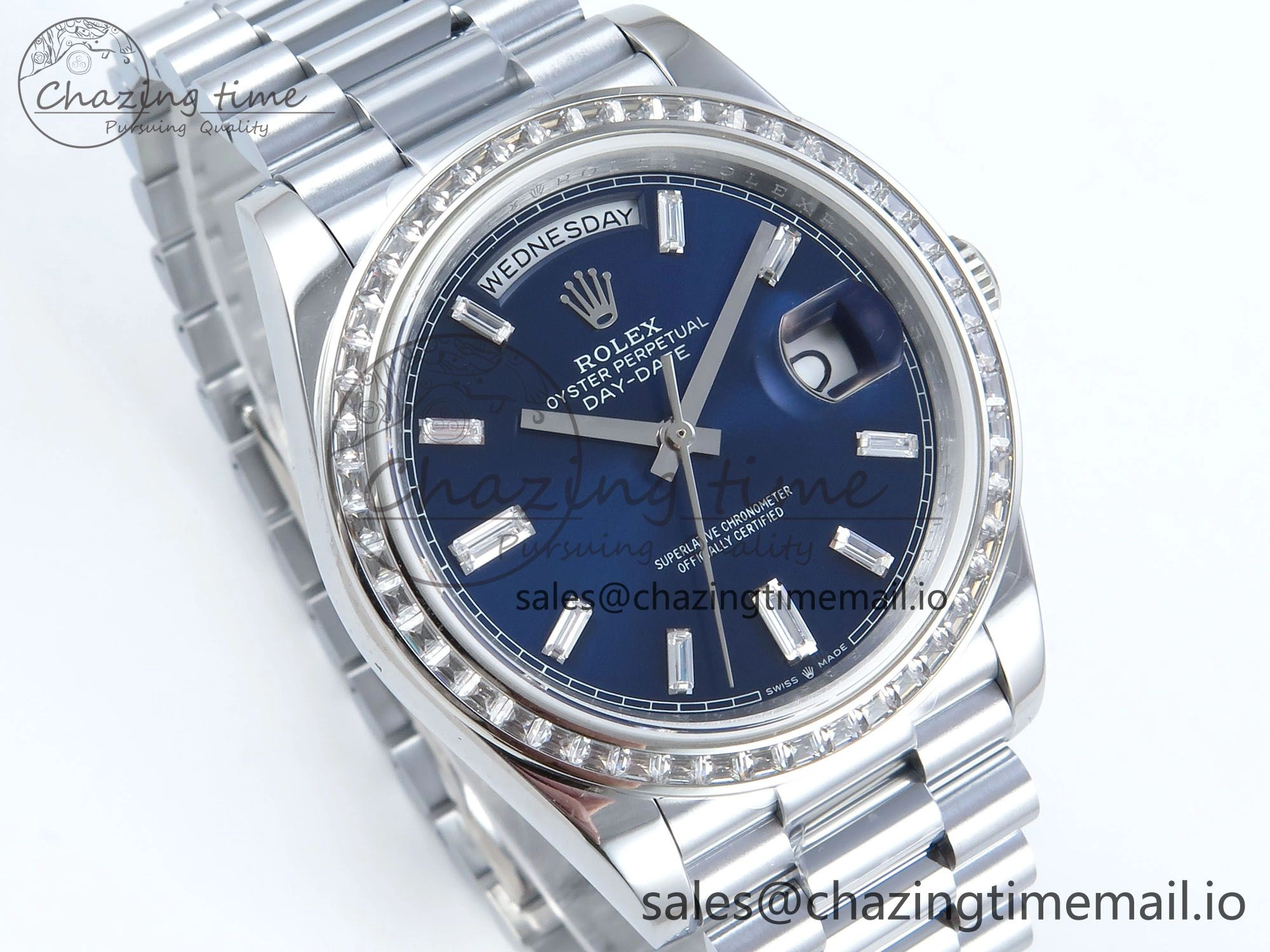 DayDate 40 SS QF 1:1 Best Edition Blue Crystal Dial Diamonds Bezel on President Bracelet A2836 V5 (Gain Weight)